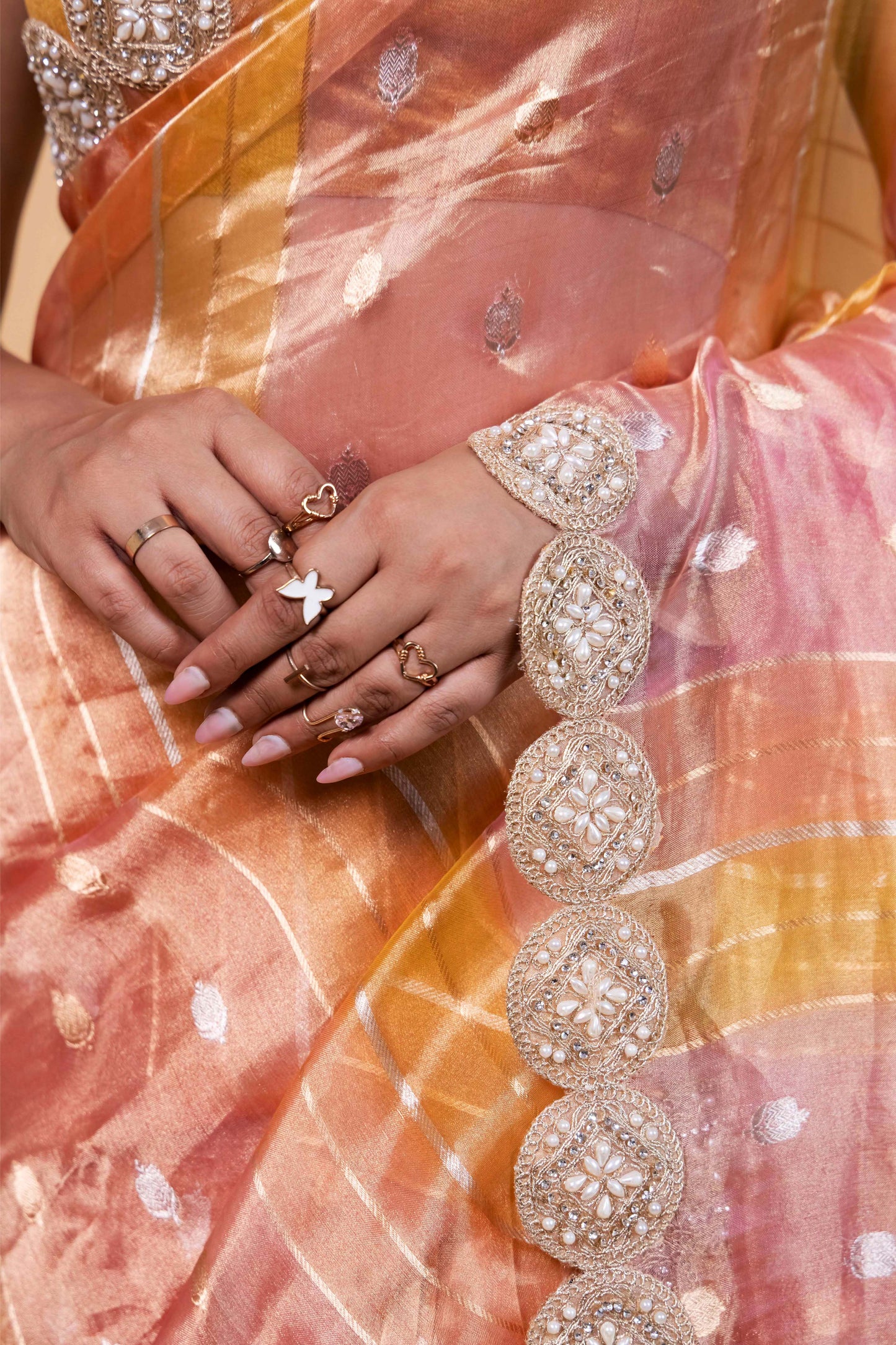 Onion Pink & Yellow Rangkat Tissue Silk Saree