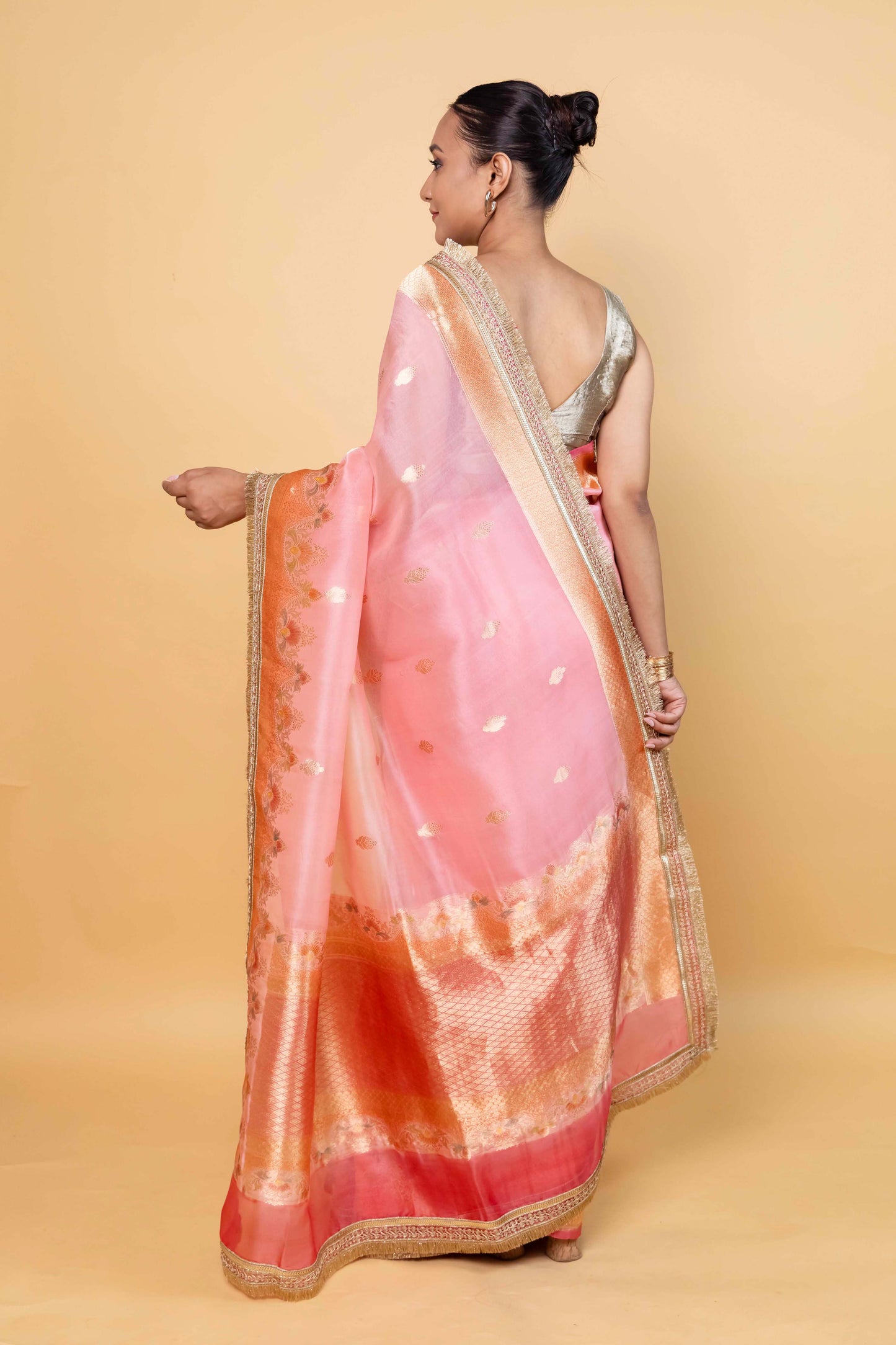Peachy Pink Meenakari Organza Silk Saree