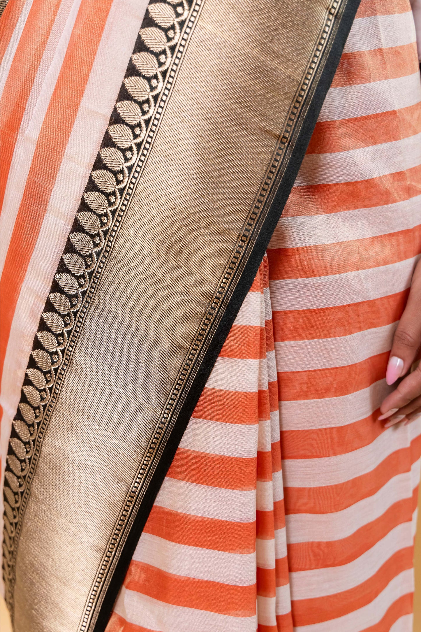 Beige & Orange Stripe Tissue Silk Saree