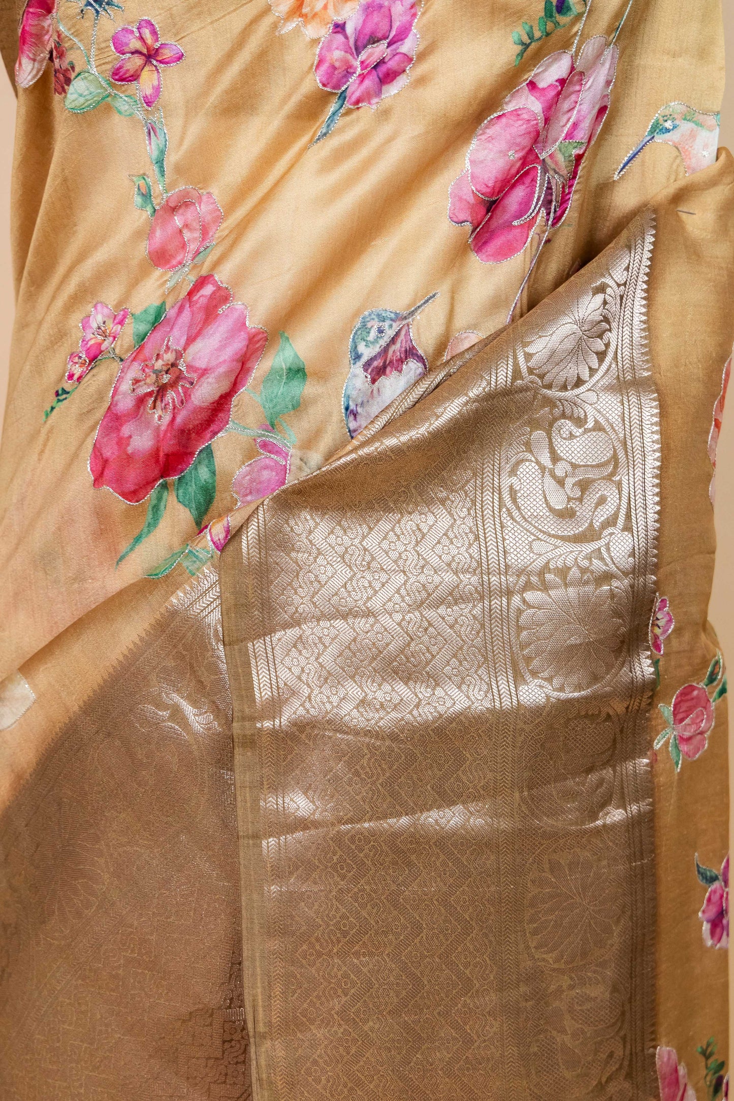 Mustard Embellished Chiniya Silk Saree