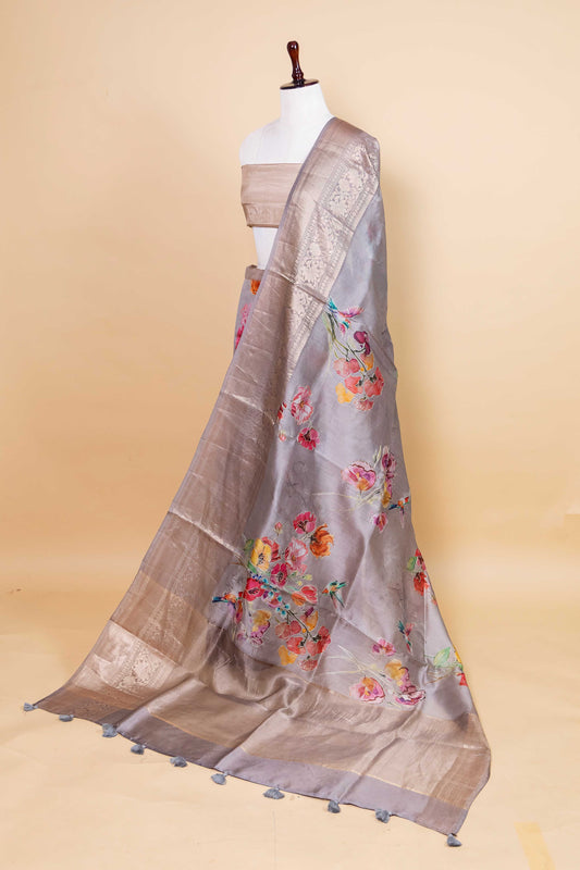 Grey Embellished Chiniya Silk Saree