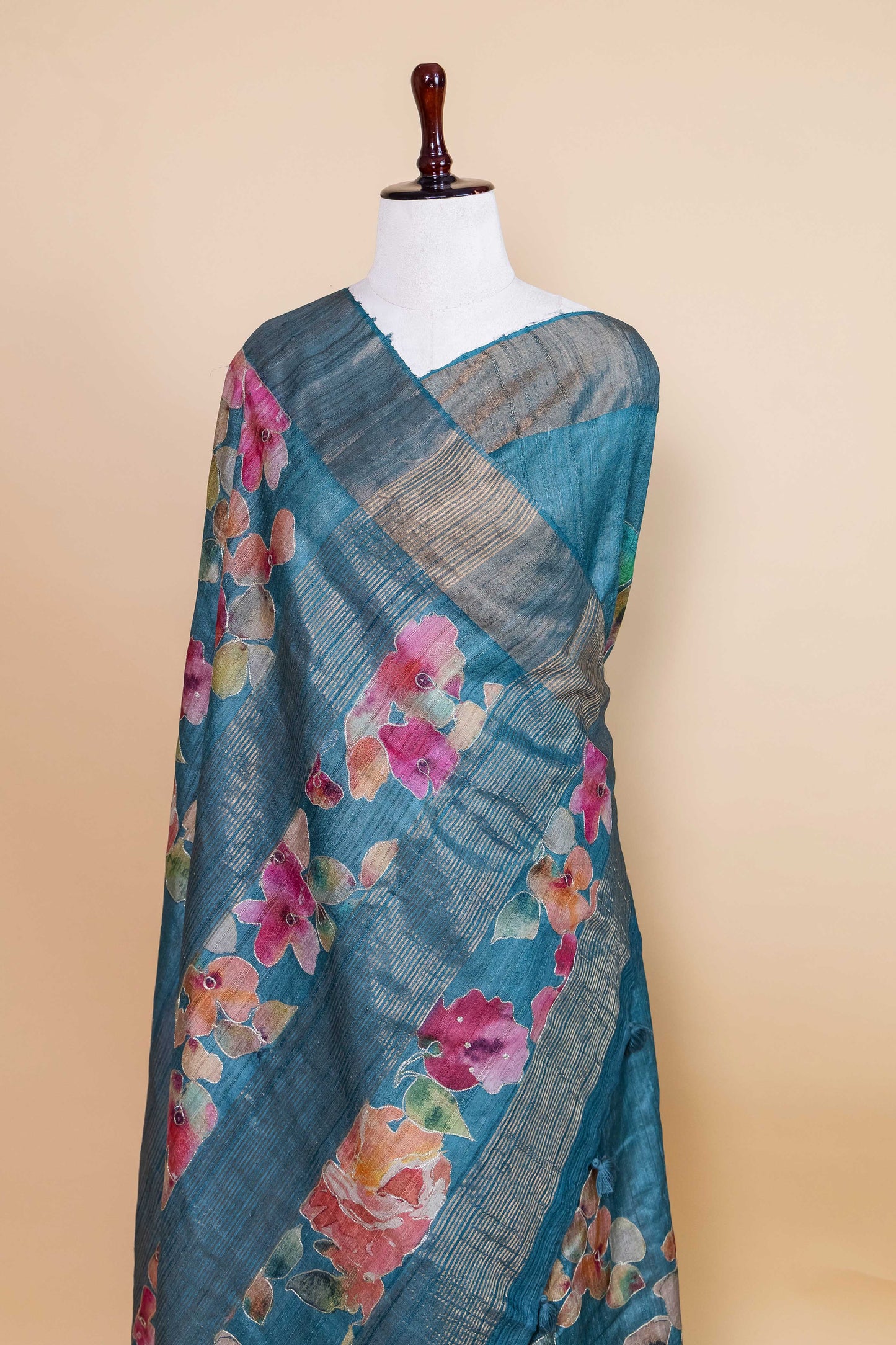Peacock Blue Embellished Tussar Silk Saree