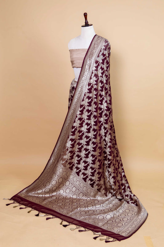 Wine Floral Khaddi Banarasi Silk Saree