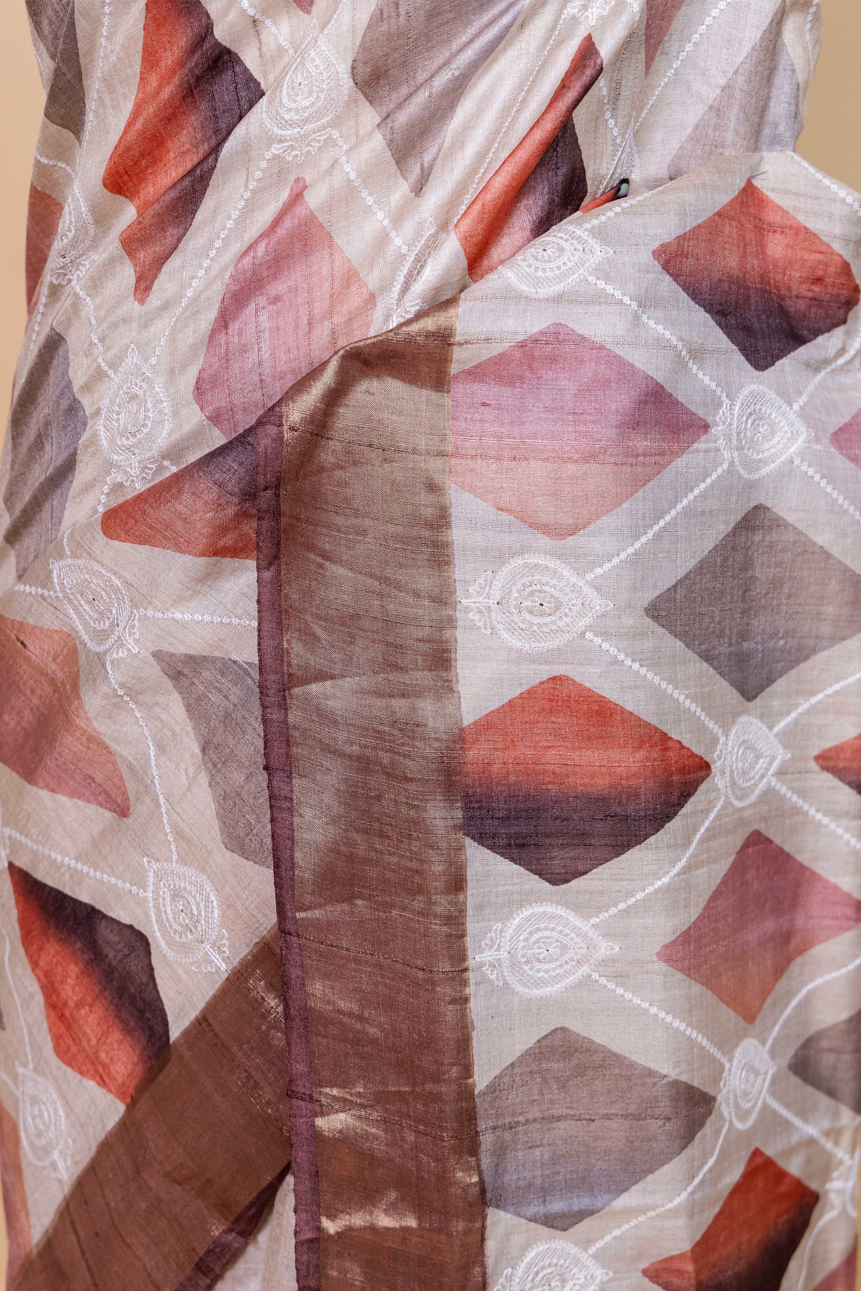 Beige Chikankari Digital Print Tussar Silk Saree
