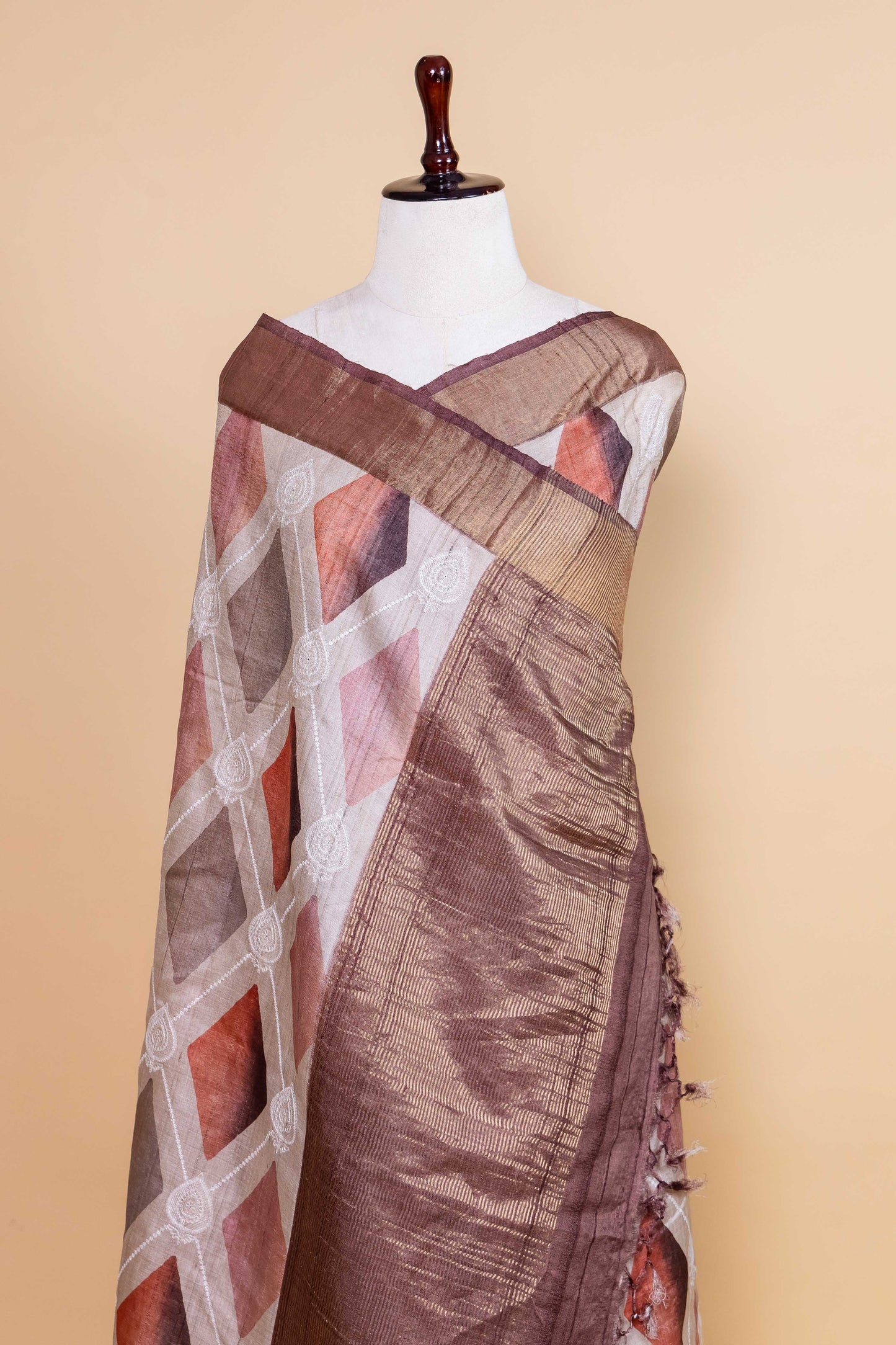 Beige Chikankari Digital Print Tussar Silk Saree