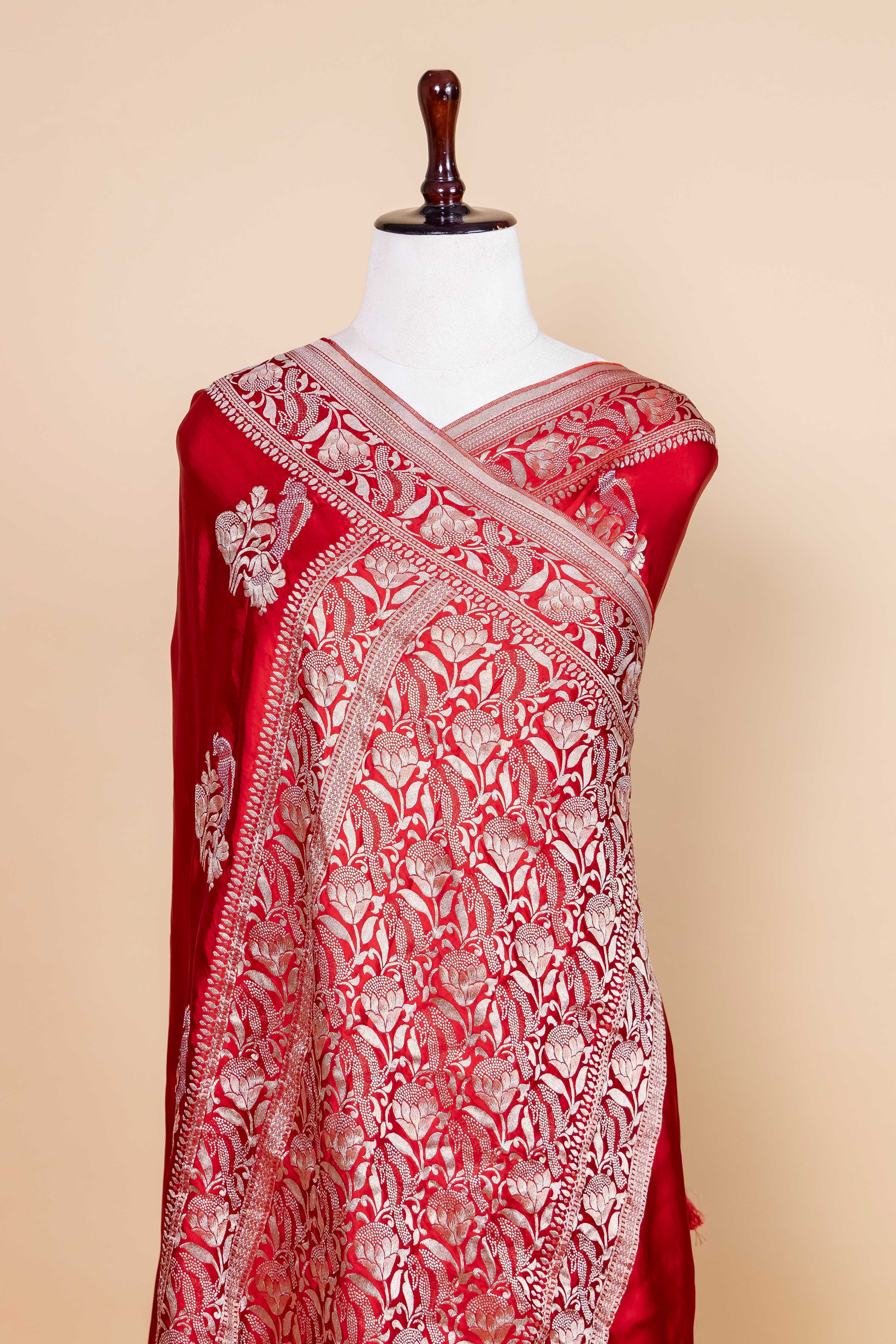 Red Sona Rupa Bird Weaving Satin Silk Saree