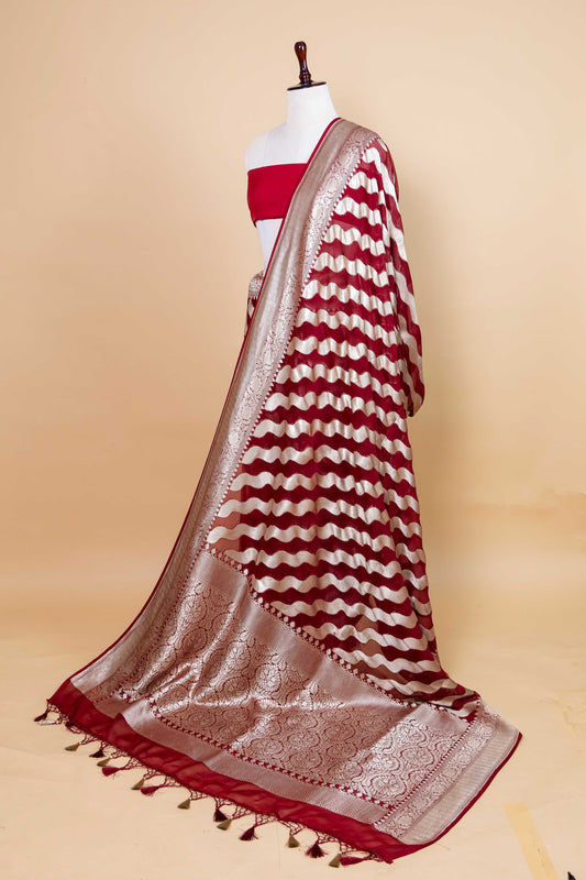 Maroon Ada Lehriya Khaddi Banarasi Silk Saree