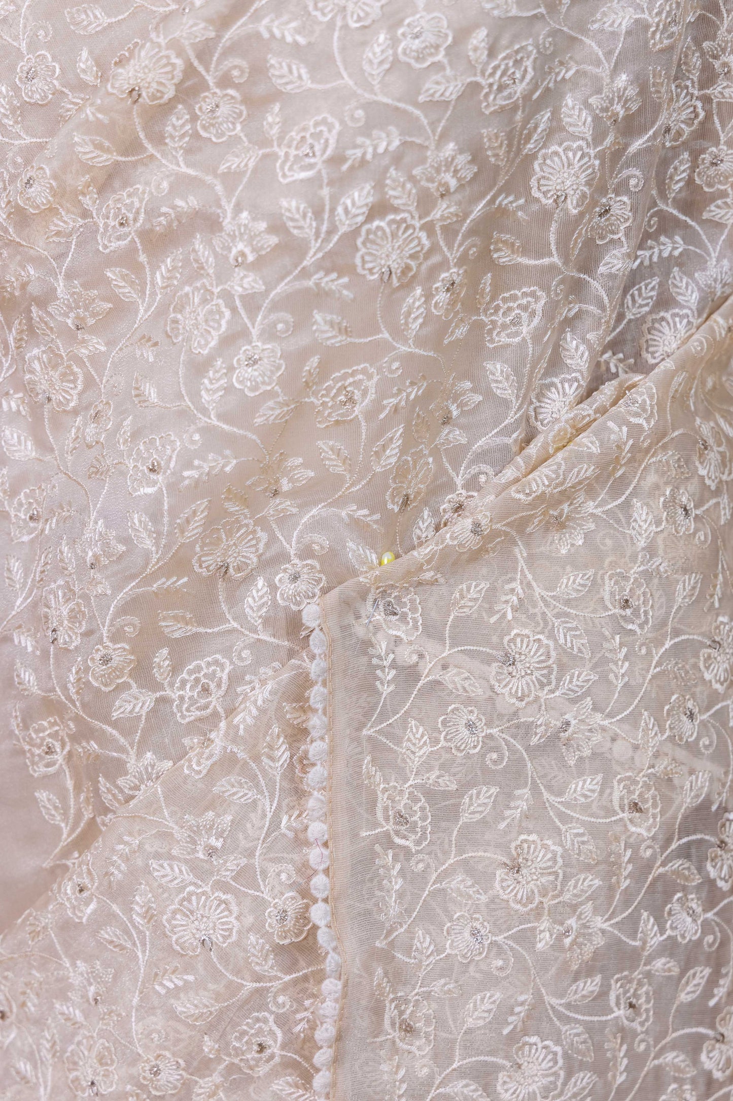 Beige Floral Embroidered Chanderi Tissue Saree