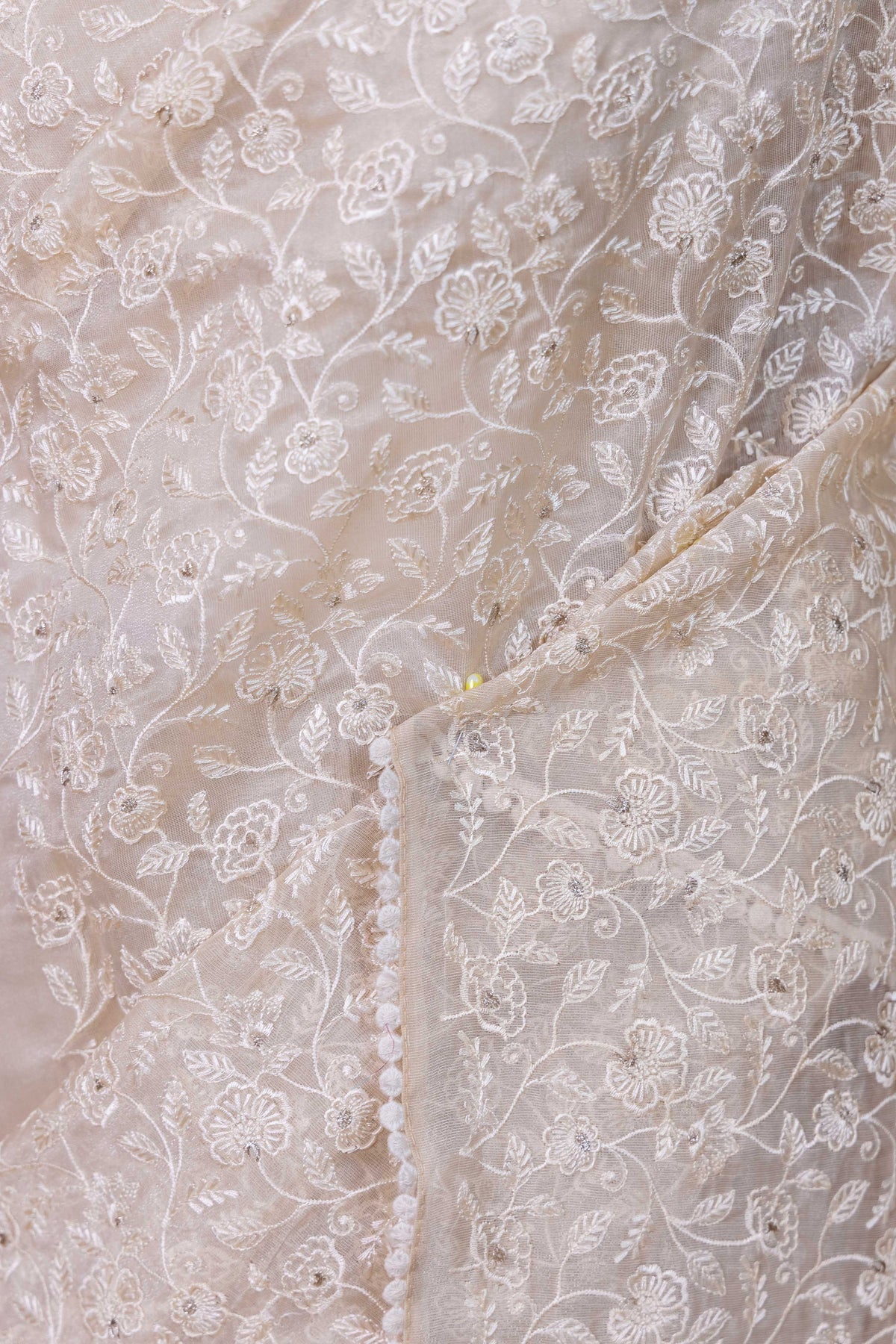 Beige Floral Embroidered Chanderi Tissue Saree