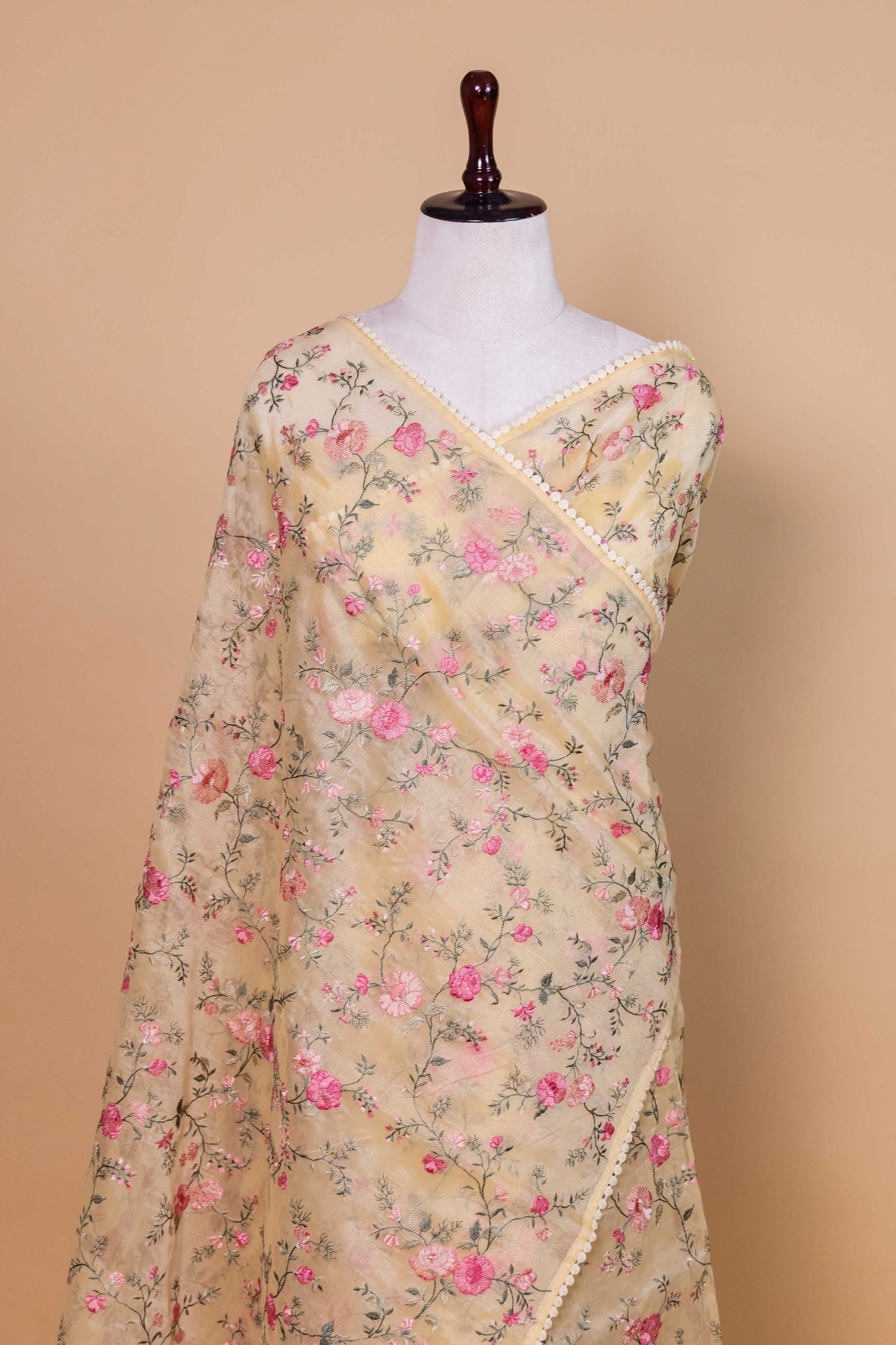 Yellow Floral Embroidered Chanderi Tissue Saree