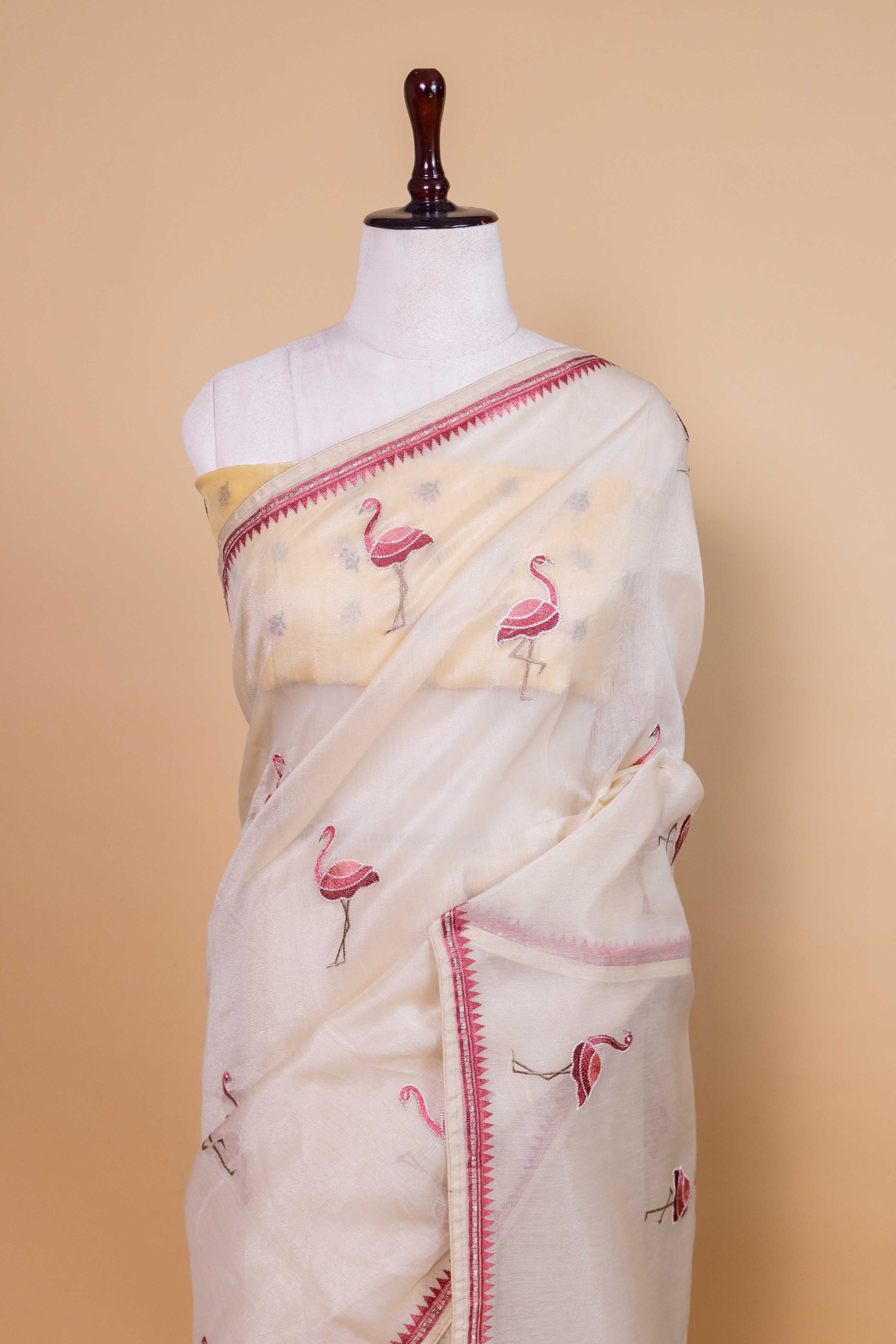 Beige Flamingo Embroidery Chanderi Tissue Saree