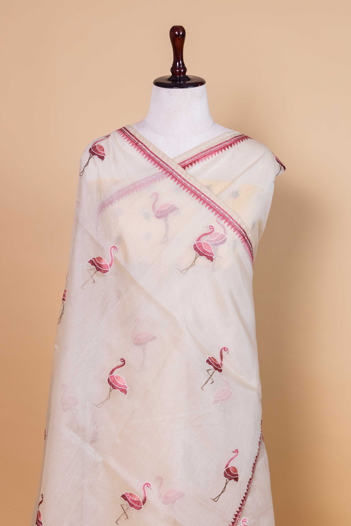 Beige Flamingo Embroidery Chanderi Tissue Saree