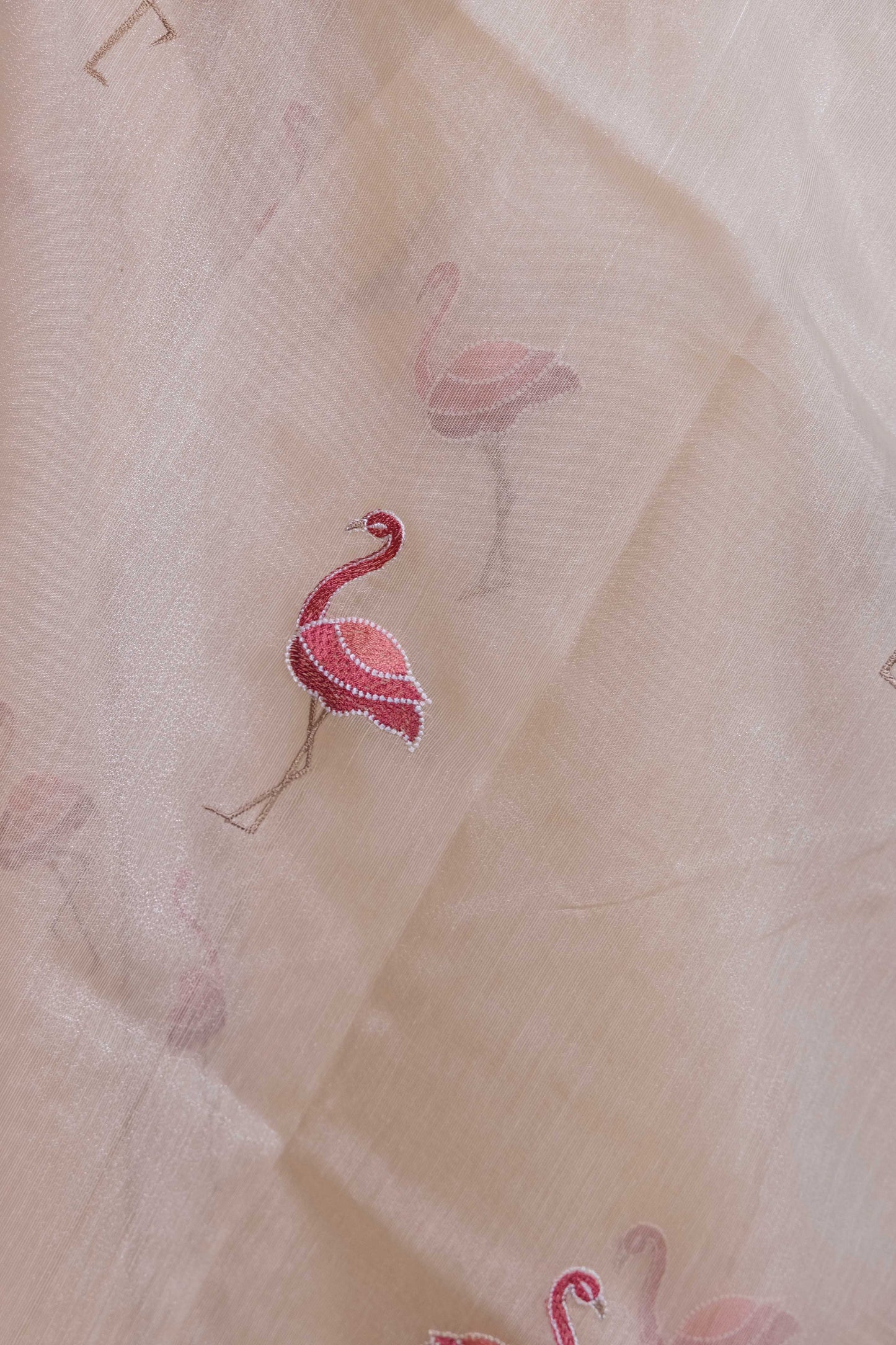Beige Flamingo Embroidery Chanderi Tissue Saree