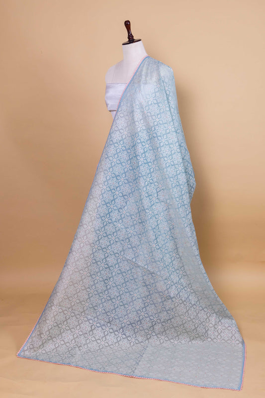Firozi Blue Embroidery Chanderi Tissue Saree