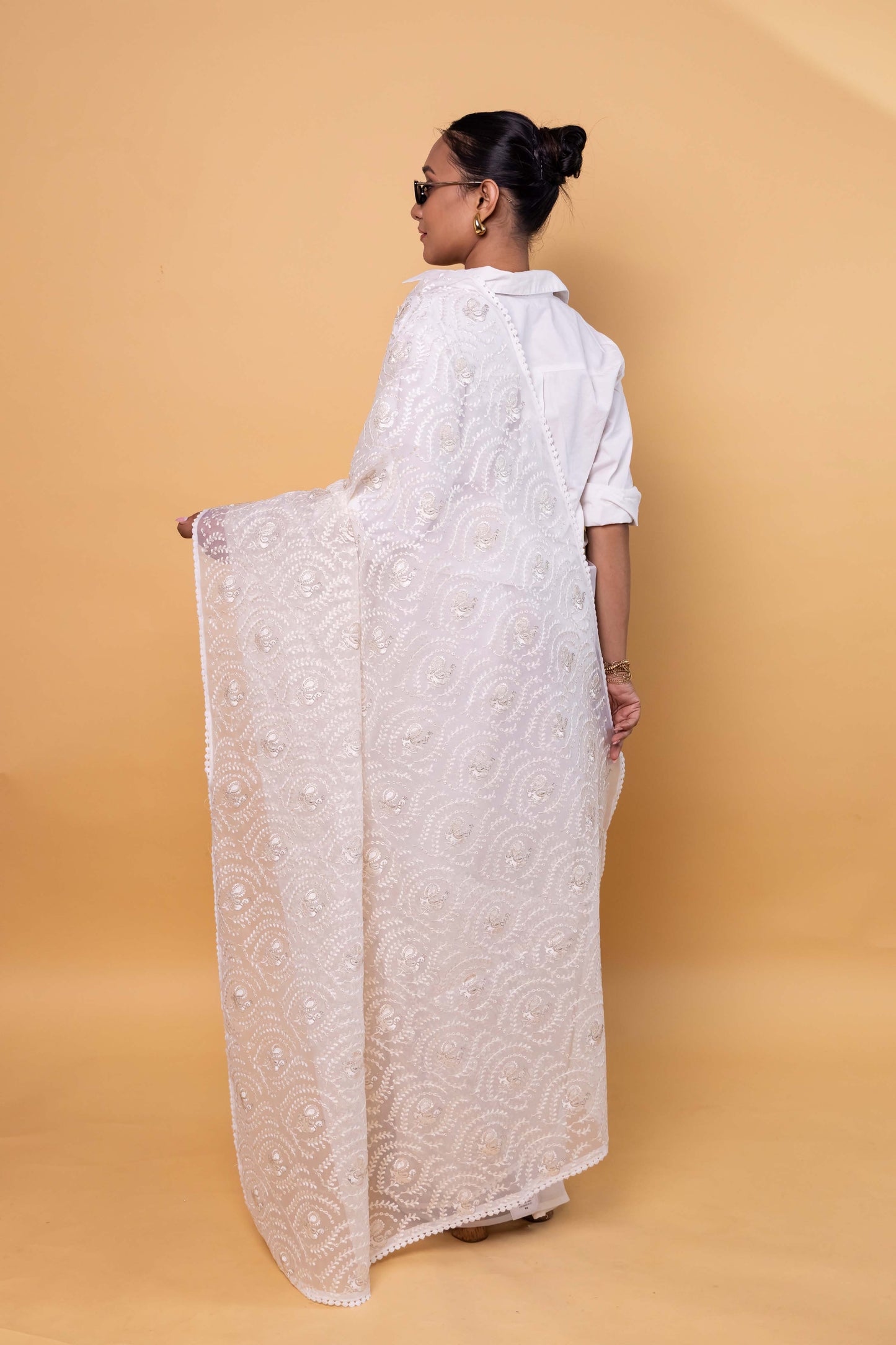 White Chikankari Embroidery Organza Saree