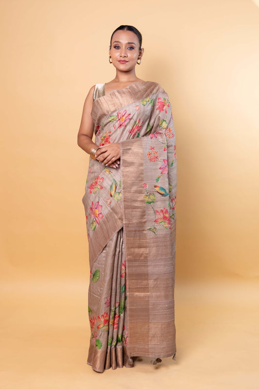 Grey Embellished Tussar Silk Saree