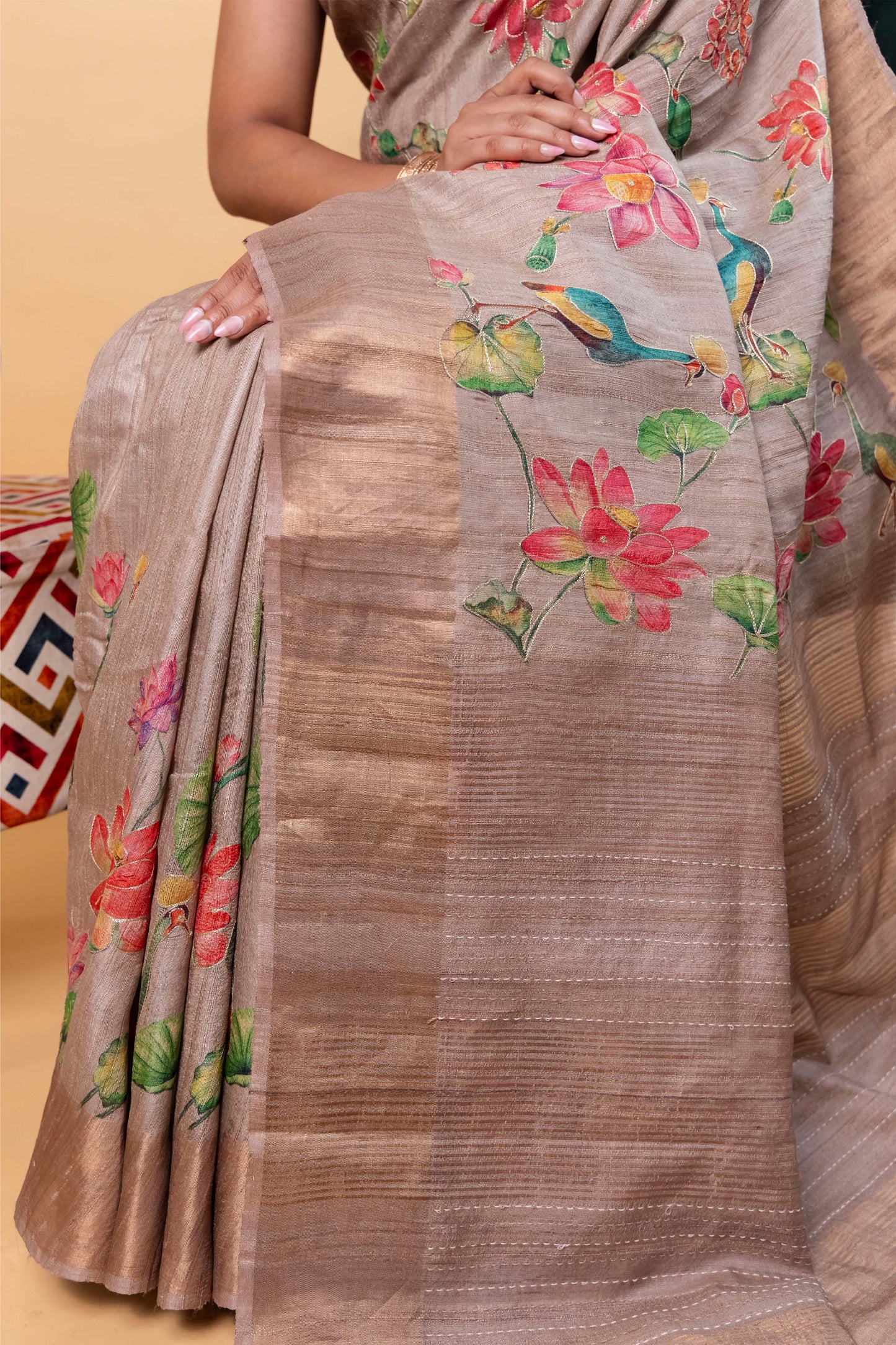 Grey Embellished Tussar Silk Saree