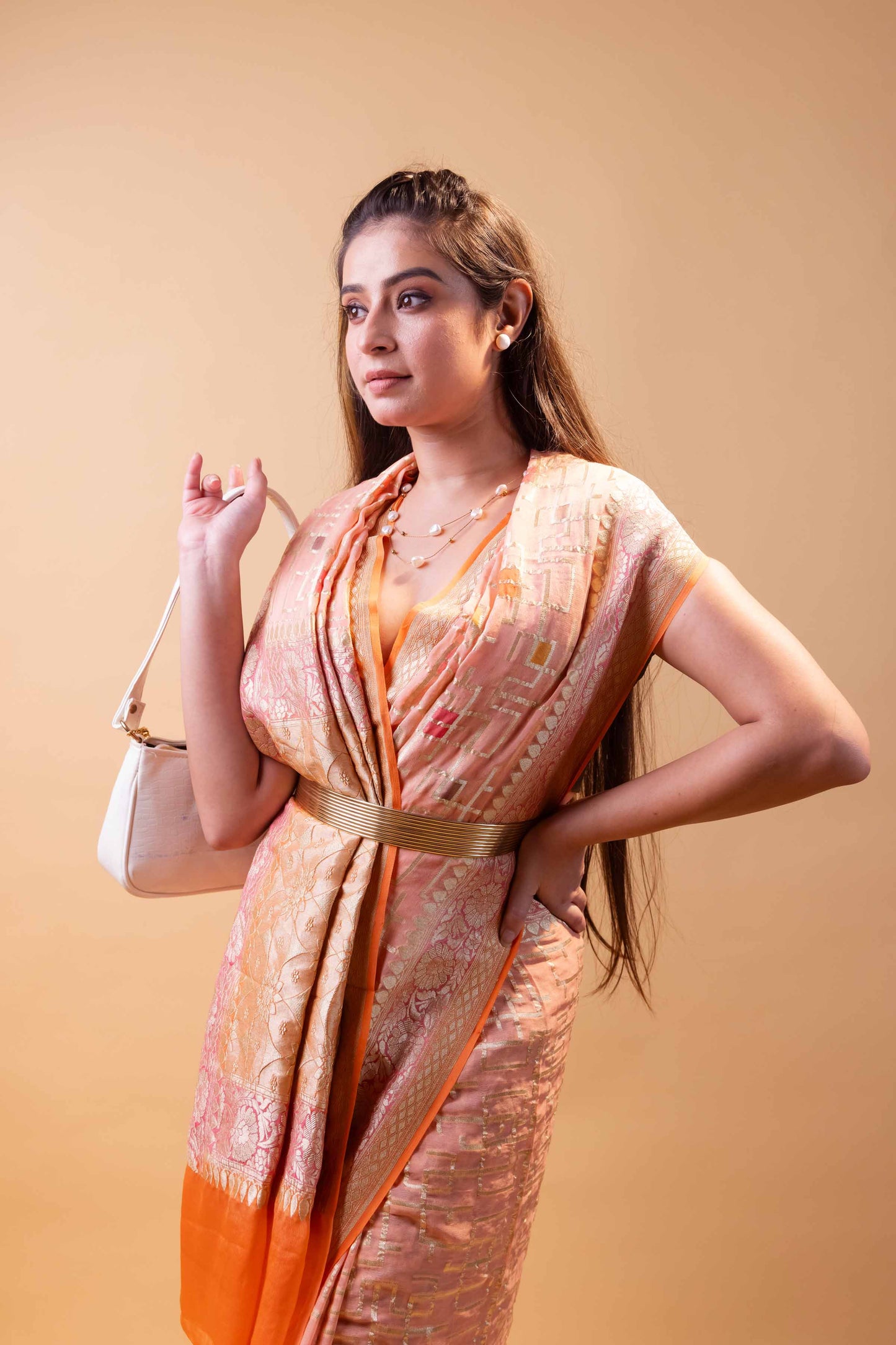 Peach Rangkat Khaddi Georgette Silk Saree