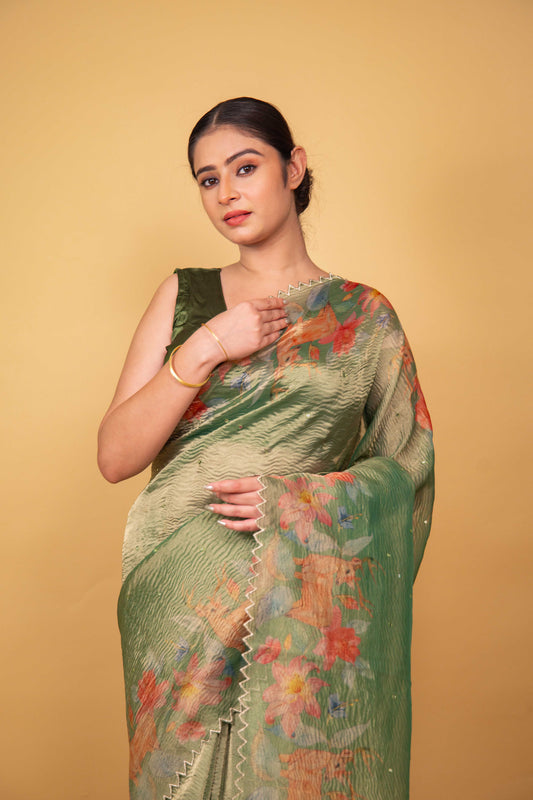 Pista Green Floral Print Crushed Tissue Saree