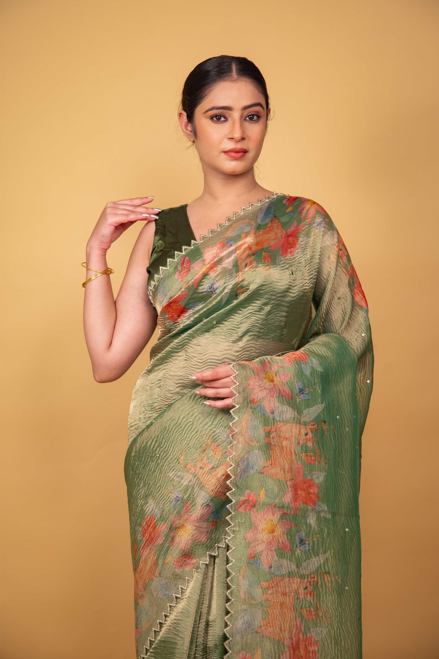 Pista Green Floral Print Crushed Tissue Saree