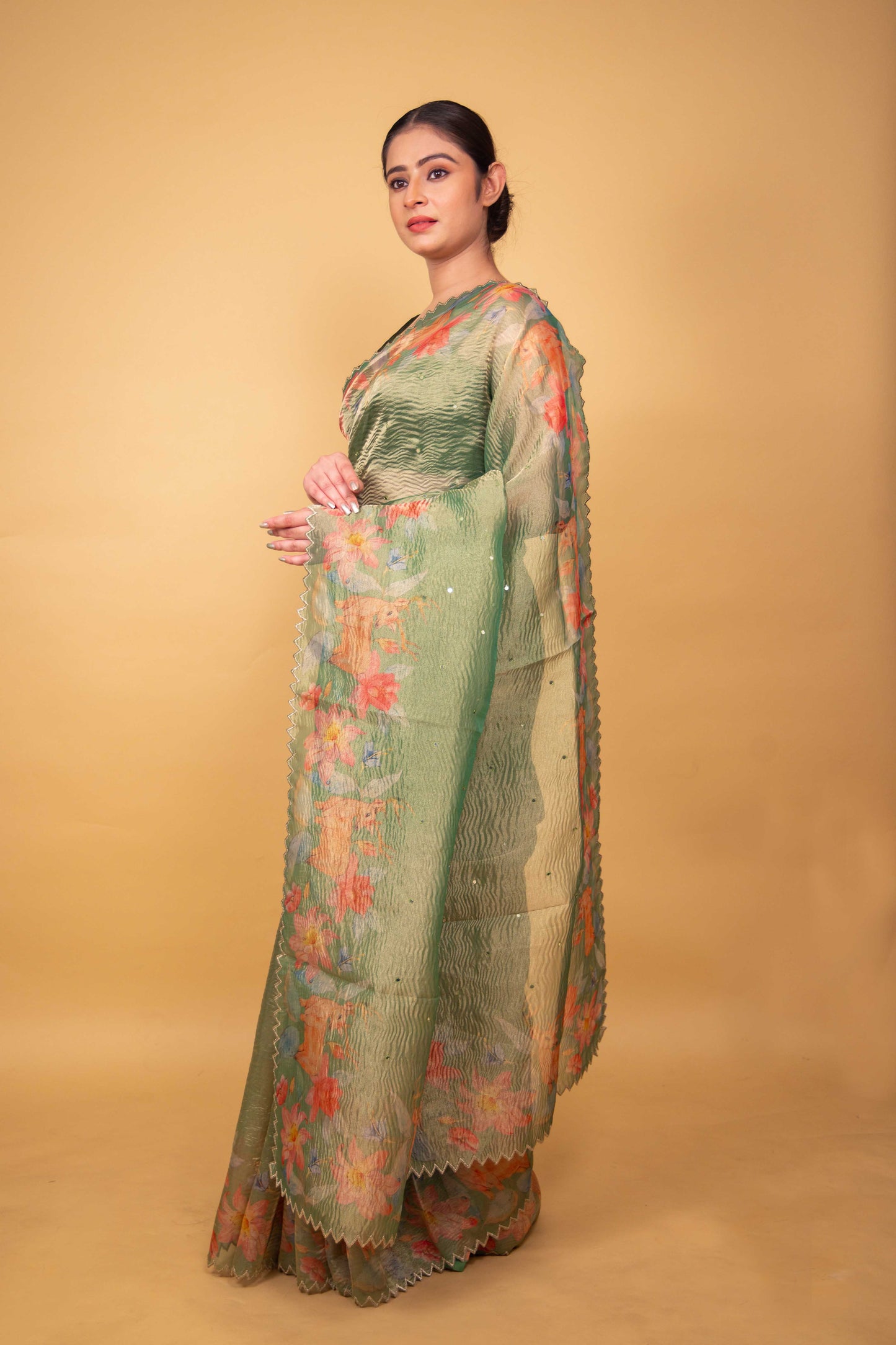 Pista Green Floral Print Crushed Tissue Saree