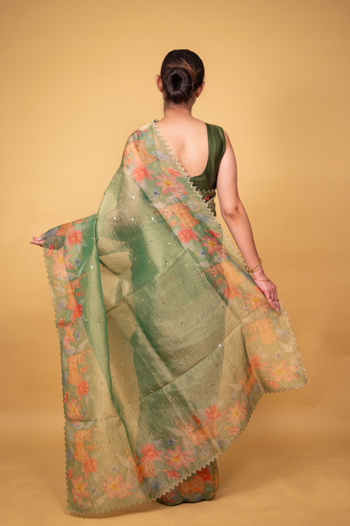 Pista Green Floral Print Crushed Tissue Saree