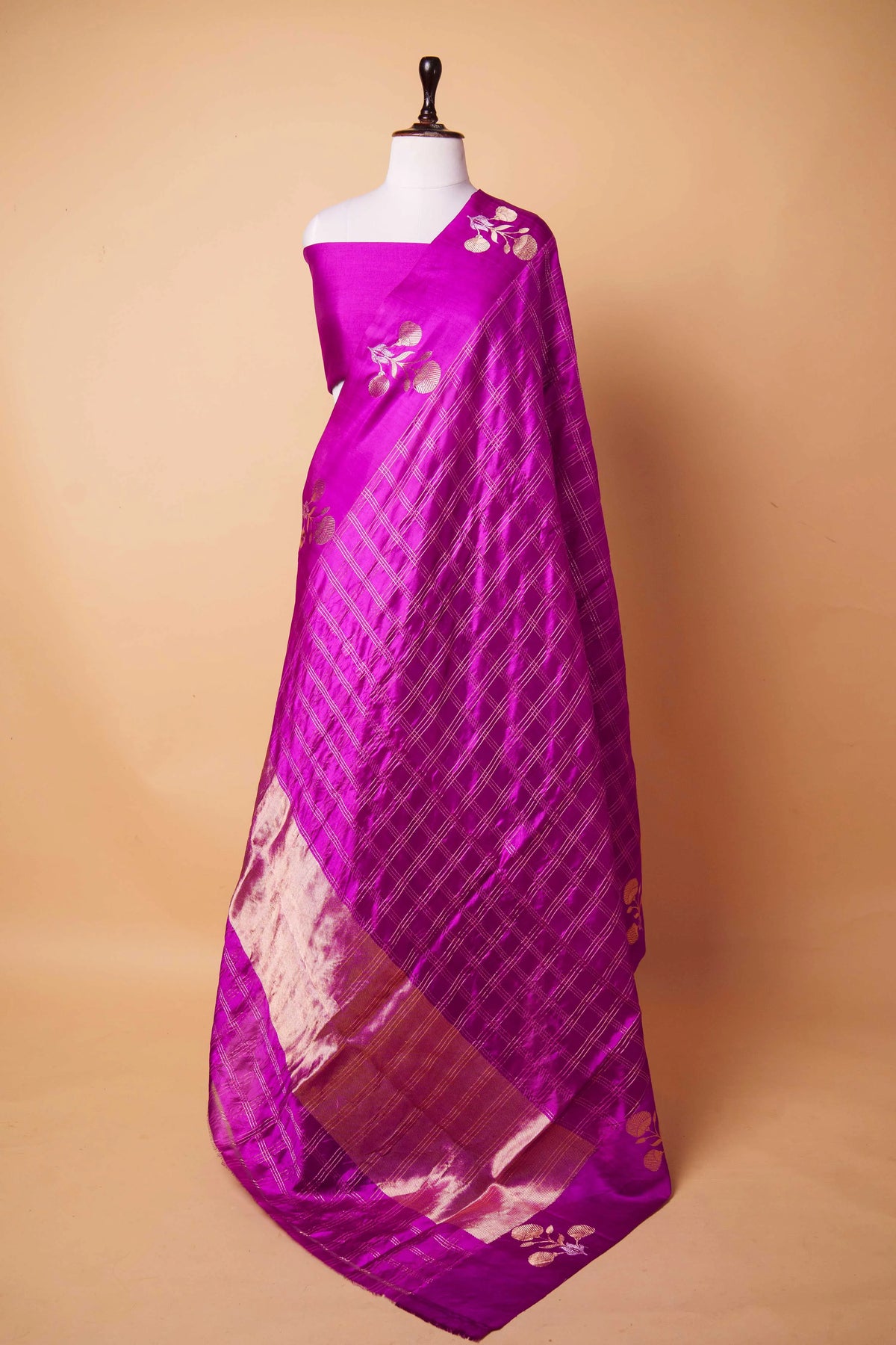 Magenta Zari Checks Woven Puna Silk Saree