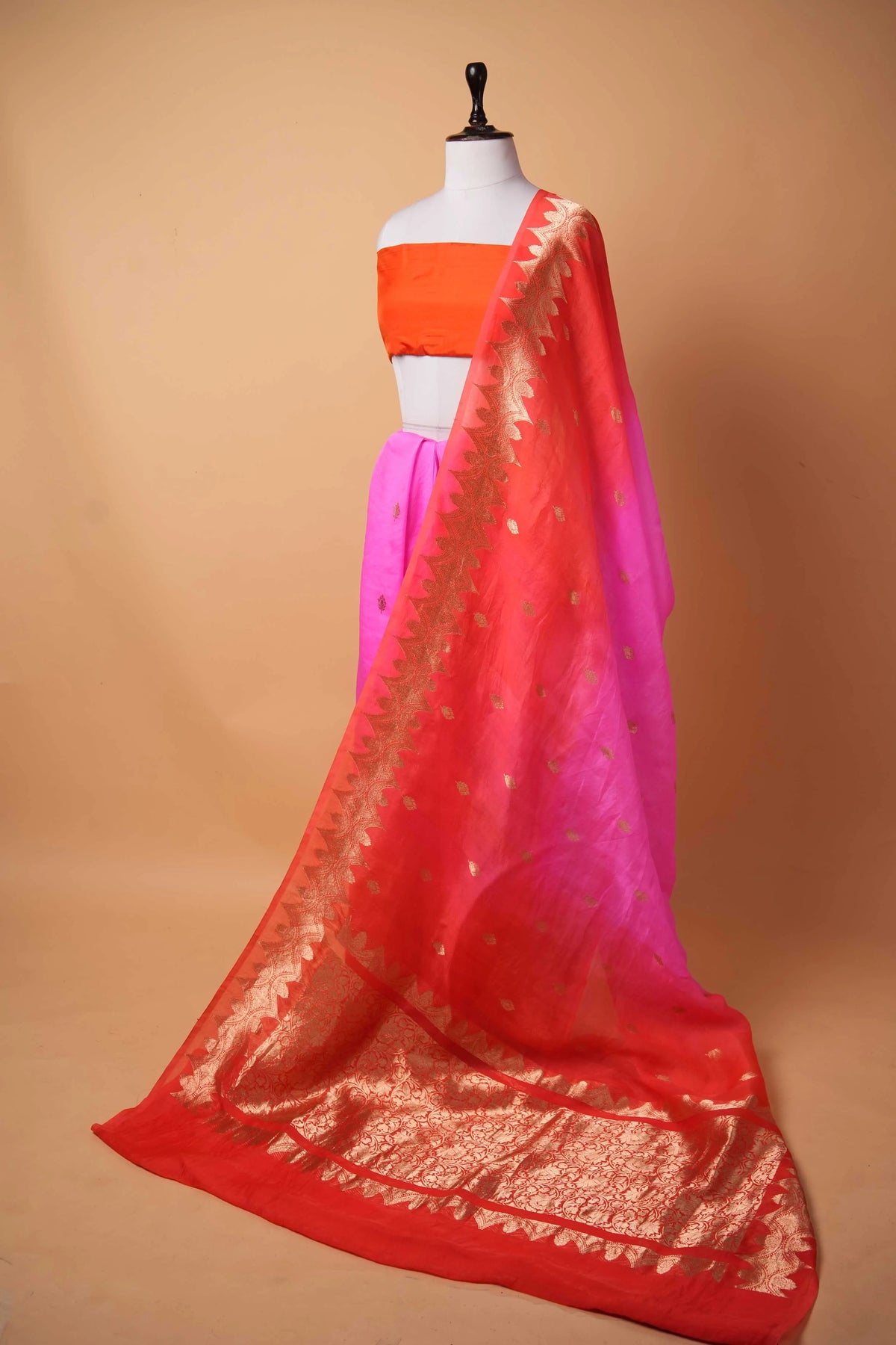 Orange & Pink Kadhua Weaving Organza Silk Saree
