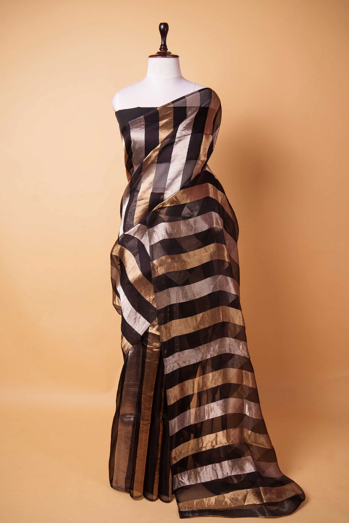 Black Sona Rupa Zari Stripe Organza Silk Saree