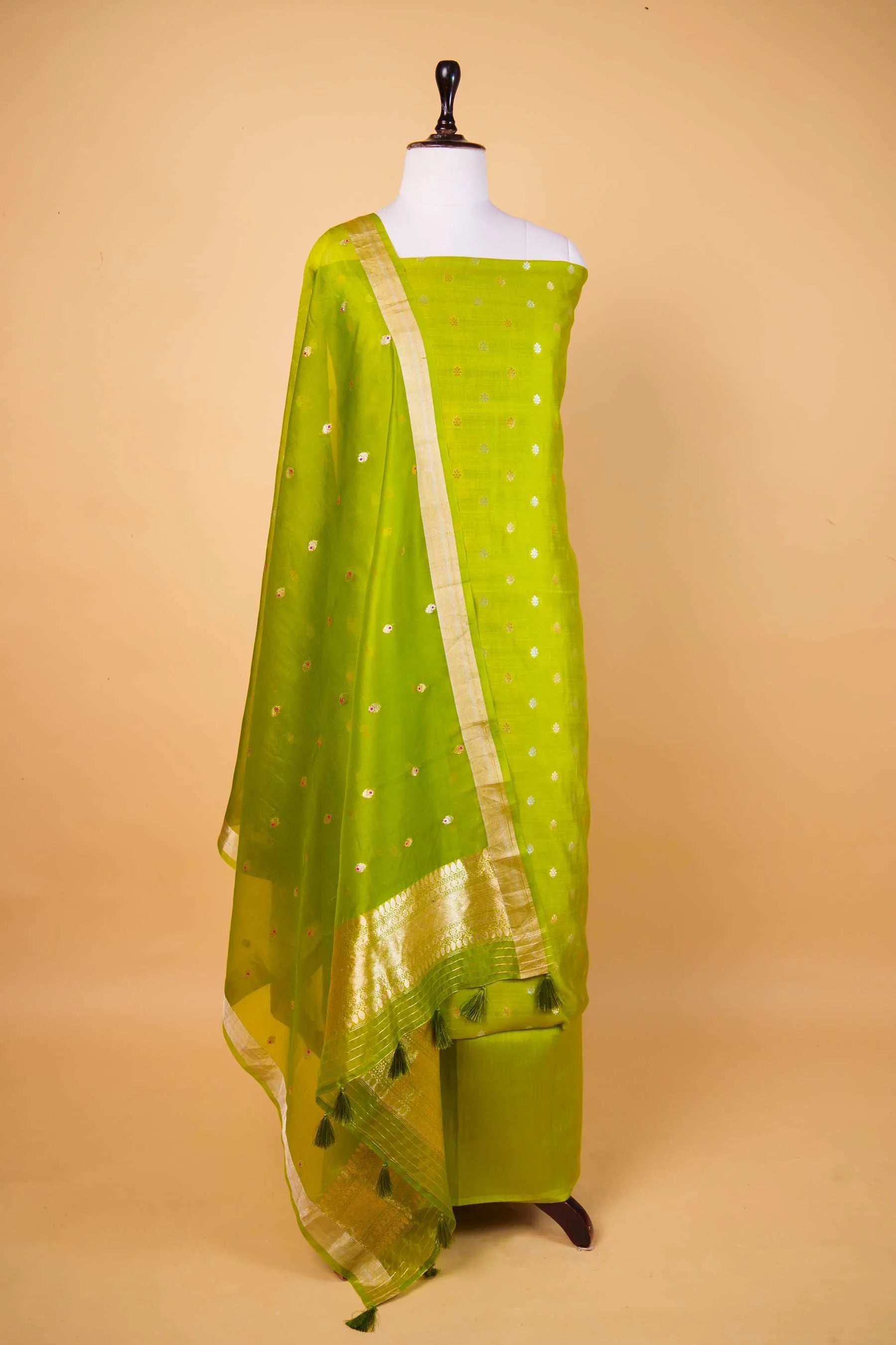 Olive Green Handwoven Chiniya Silk Suit Set