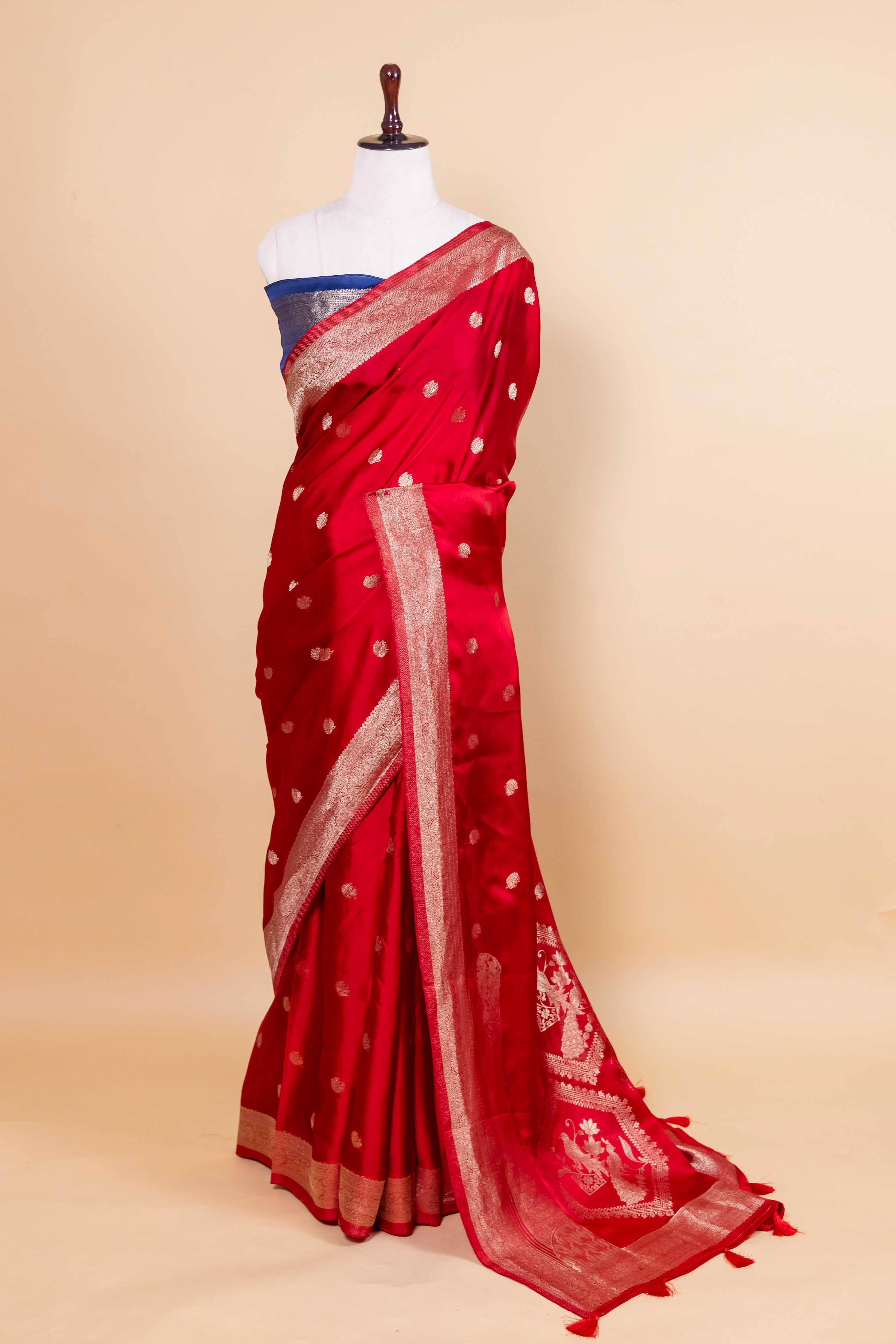 Red Bird Weaving Satin Silk Fancy Saree