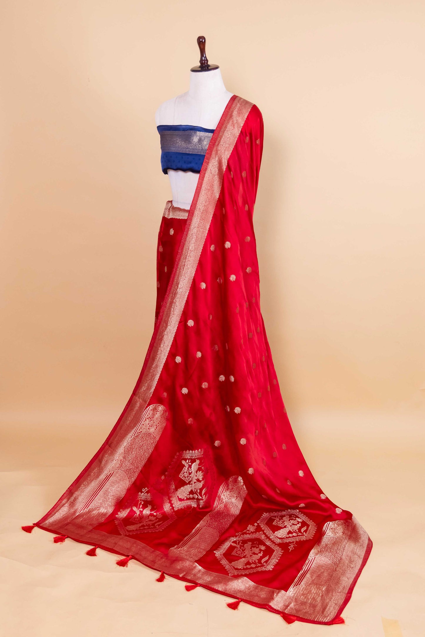 Red Bird Weaving Satin Silk Fancy Saree