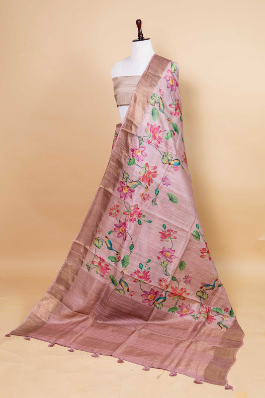 Peachy Pink Embellished Tussar Silk Saree