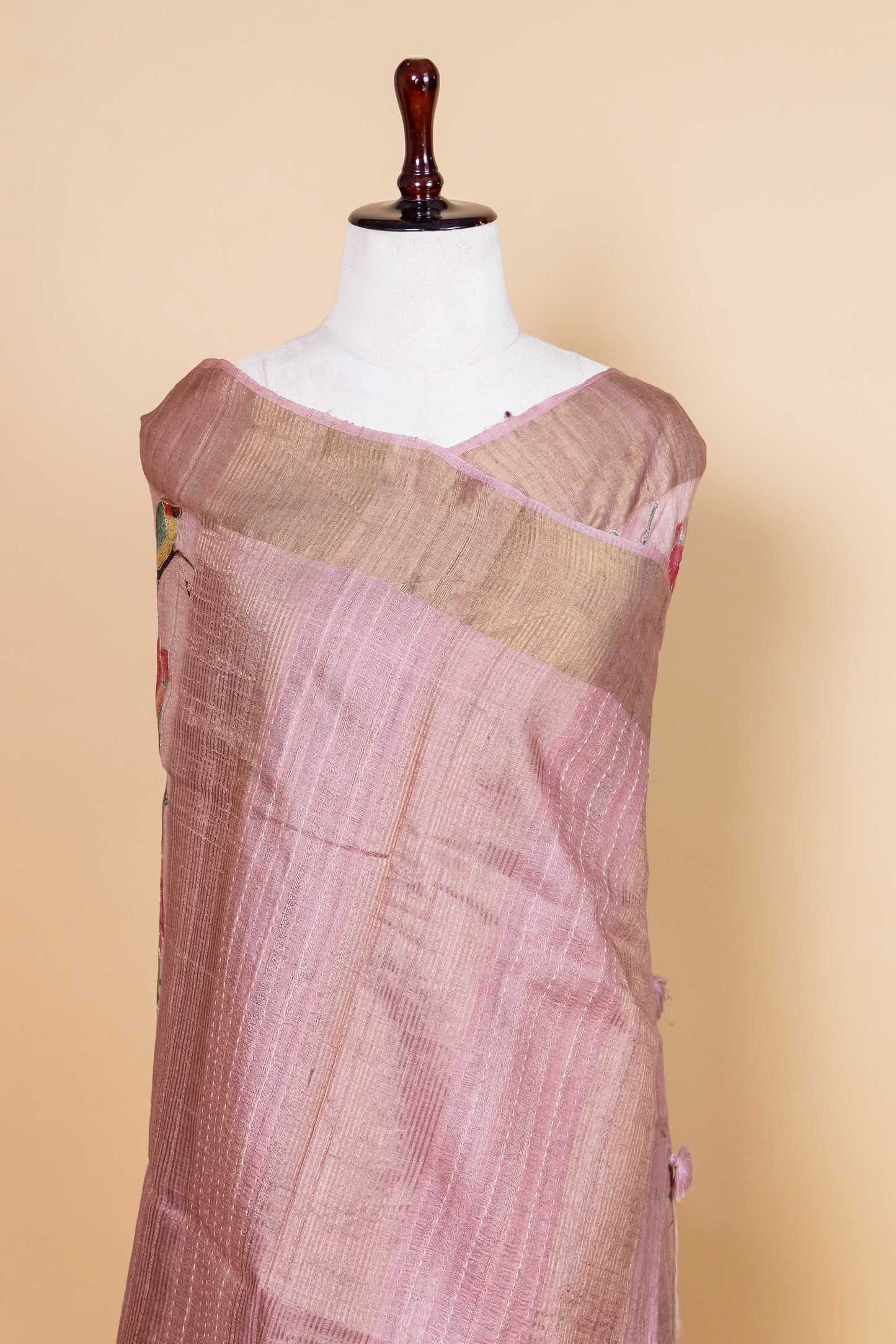 Peachy Pink Embellished Tussar Silk Saree
