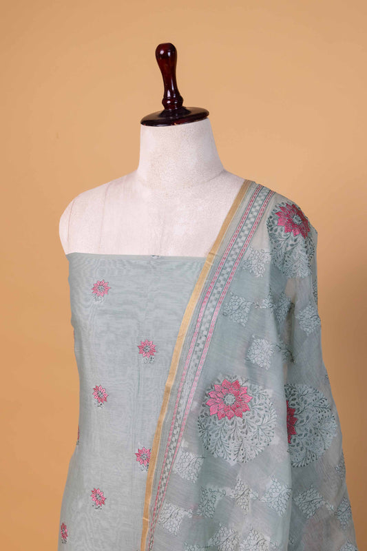 Sea Green Embroidered Mul Chanderi Suit