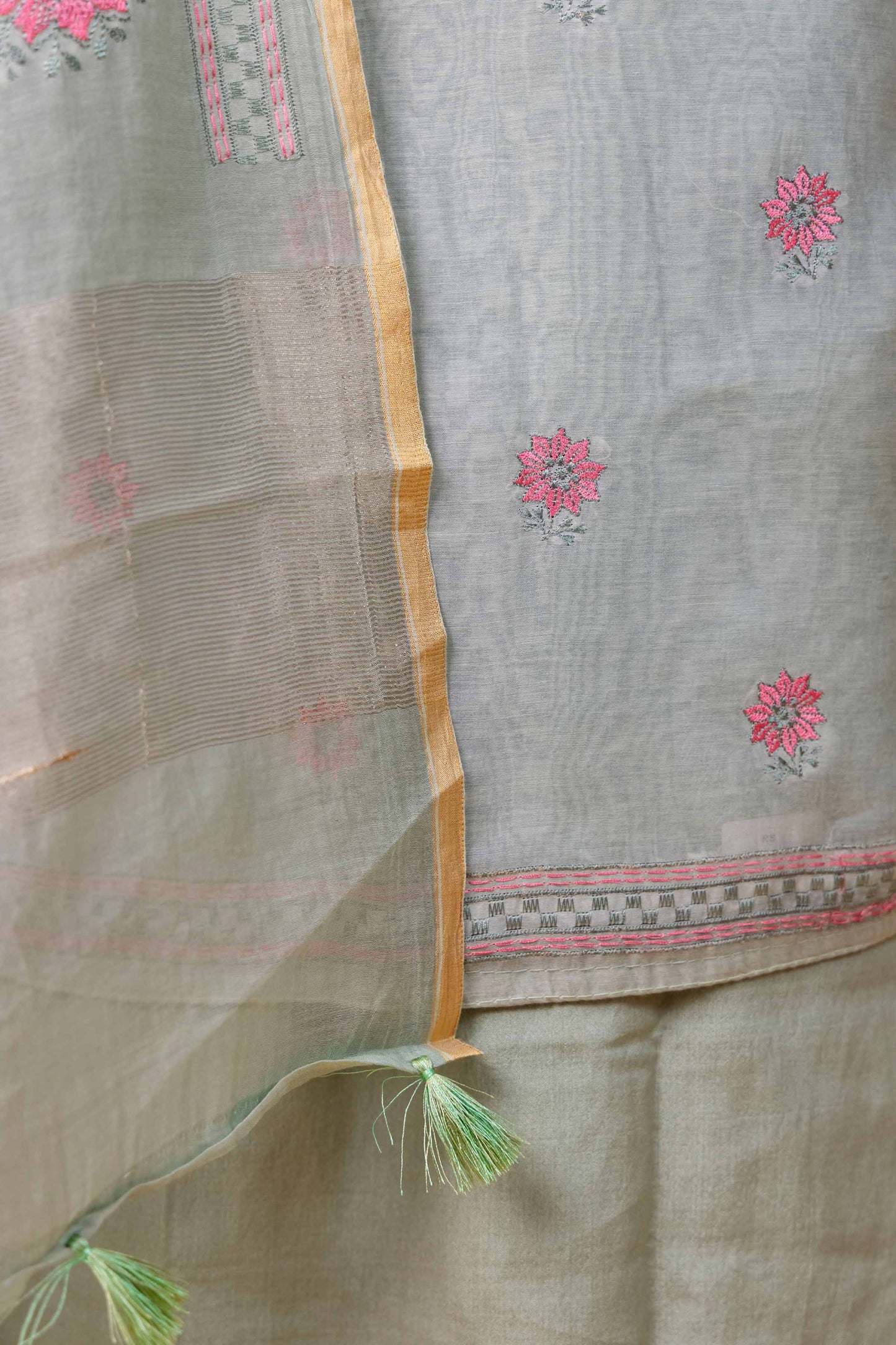 Sea Green Embroidered Mul Chanderi Suit
