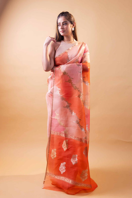 Orange & Pink Ada Rangkat Kadhua Organza Silk Saree