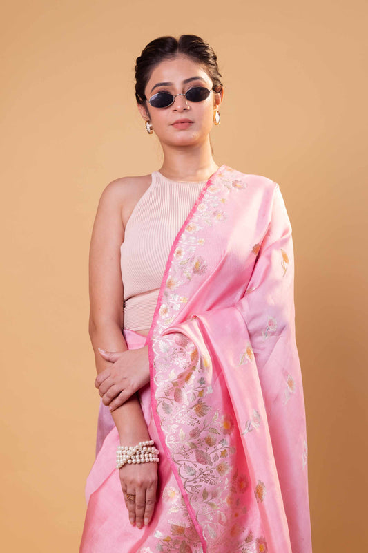 Peachy Pink Meenakari Pure Raw Mango Silk Saree