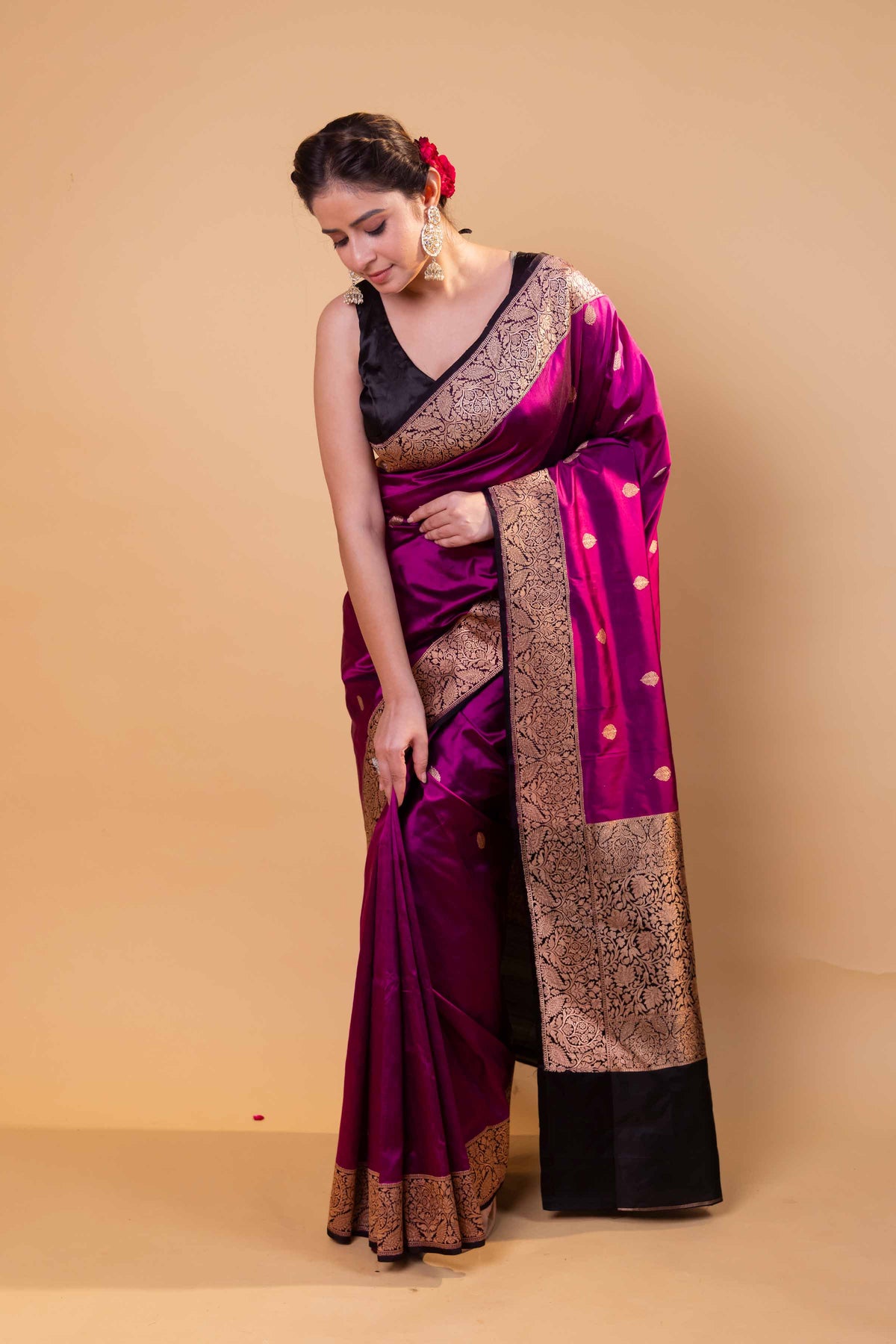 Magenta & Black Kadhua Katan Silk Saree