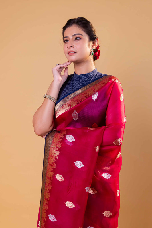 Maroon & Black Kadhua Weaving Organza Silk Saree