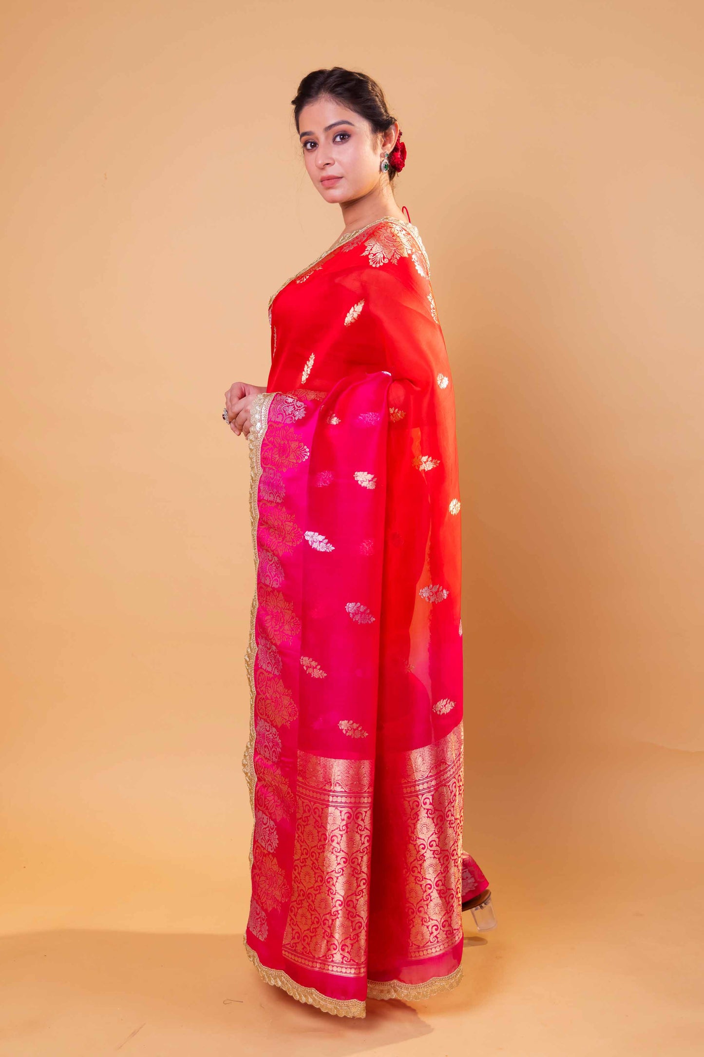 Red & Rani Shaded Kadhua Organza Silk Saree With Embellished Border