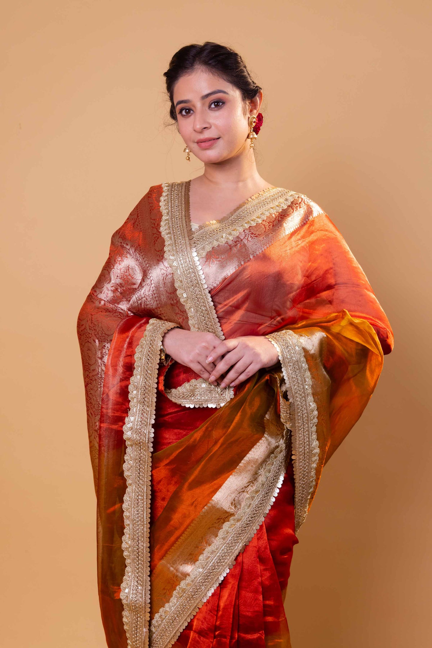 Mustard & Red Embellished Lace Pure Soft Tissue Silk Saree