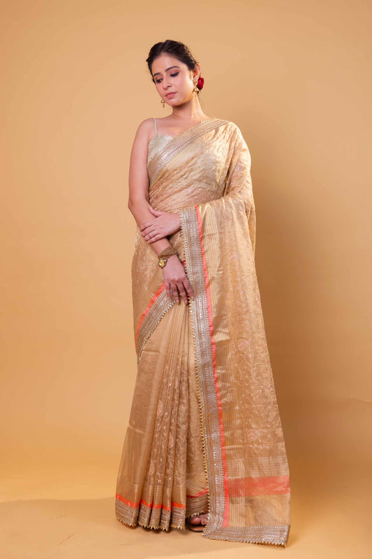 Beige Embroidered Tissue Silk Saree With Embroidery Lace