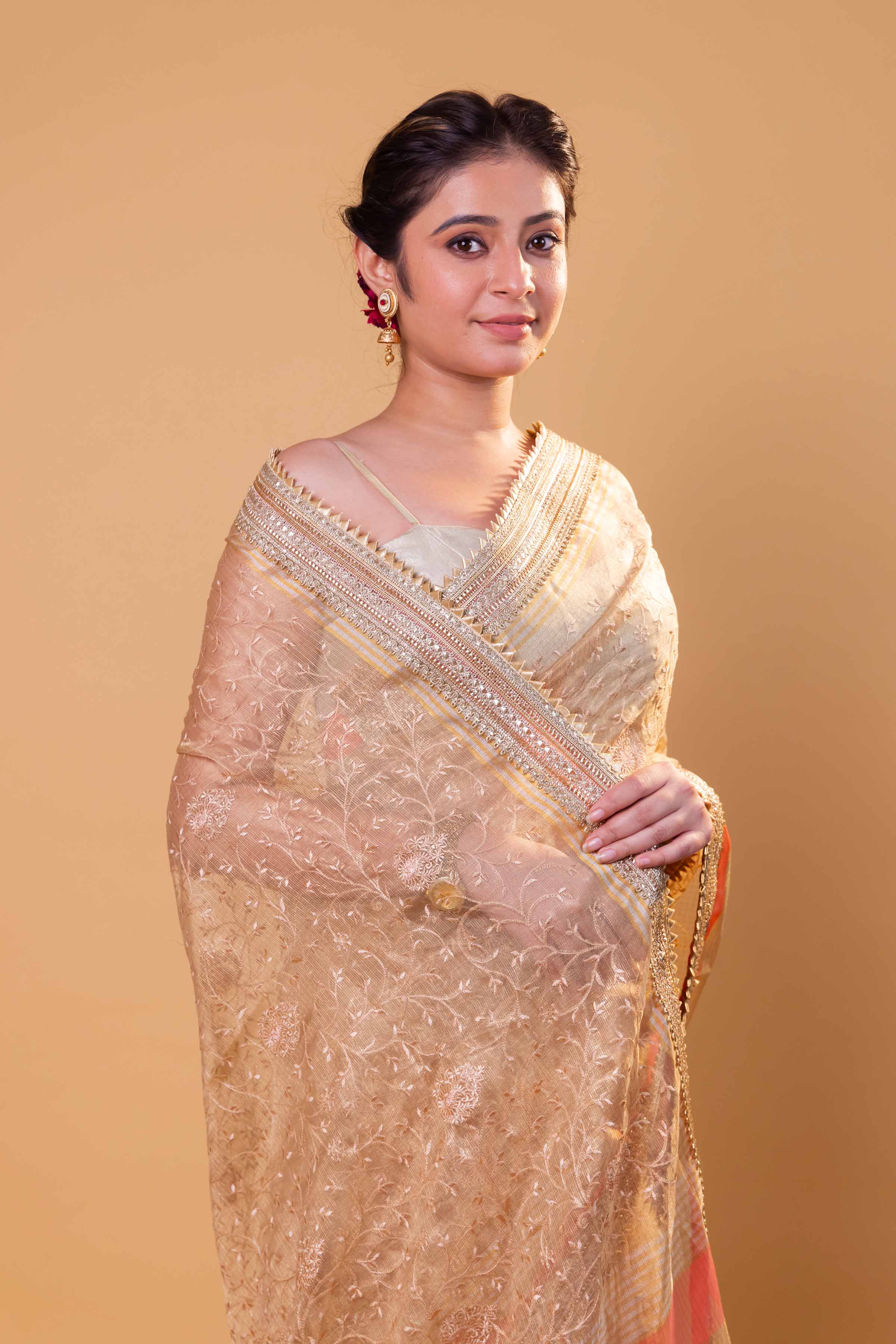 Beige Embroidered Tissue Silk Saree With Embroidery Lace