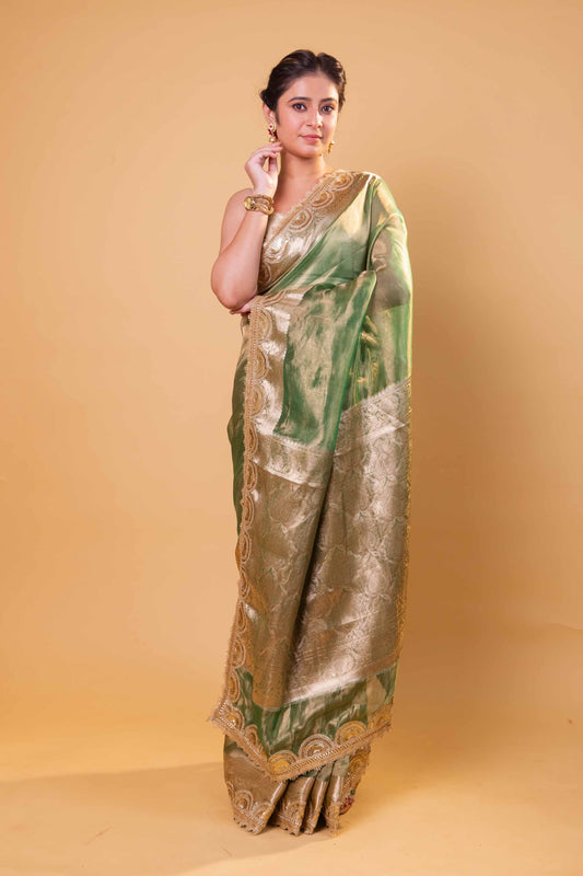 Pista Green Embellished Lace Pure Soft Tissue Silk Saree