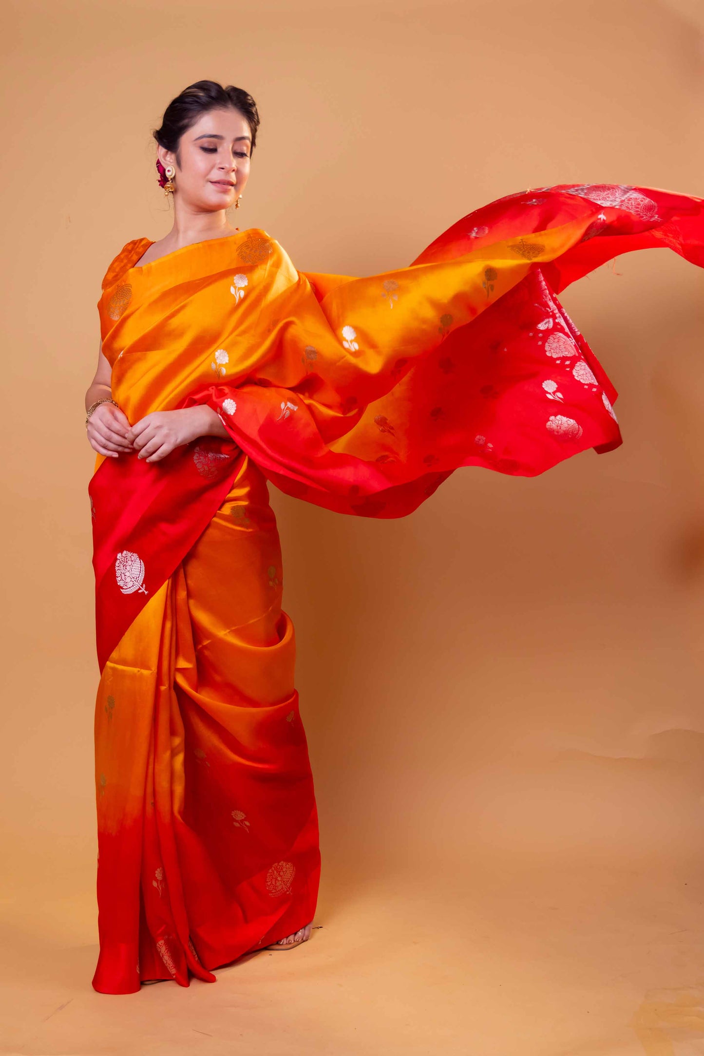 Orange & Red Floral Weaving Puna Silk Saree