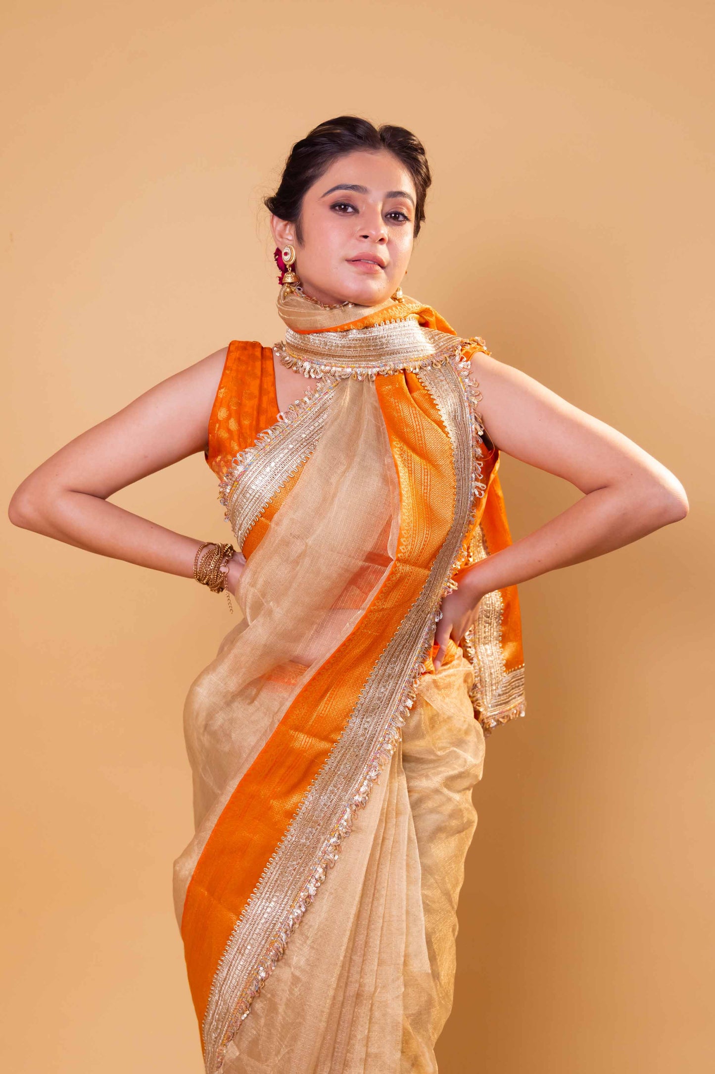 Gold Rekha Inspired Tissue Silk Saree With Embroidered Lace