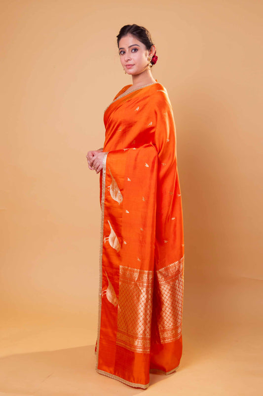 Orange Bird Weaving Raw Mango Silk Saree
