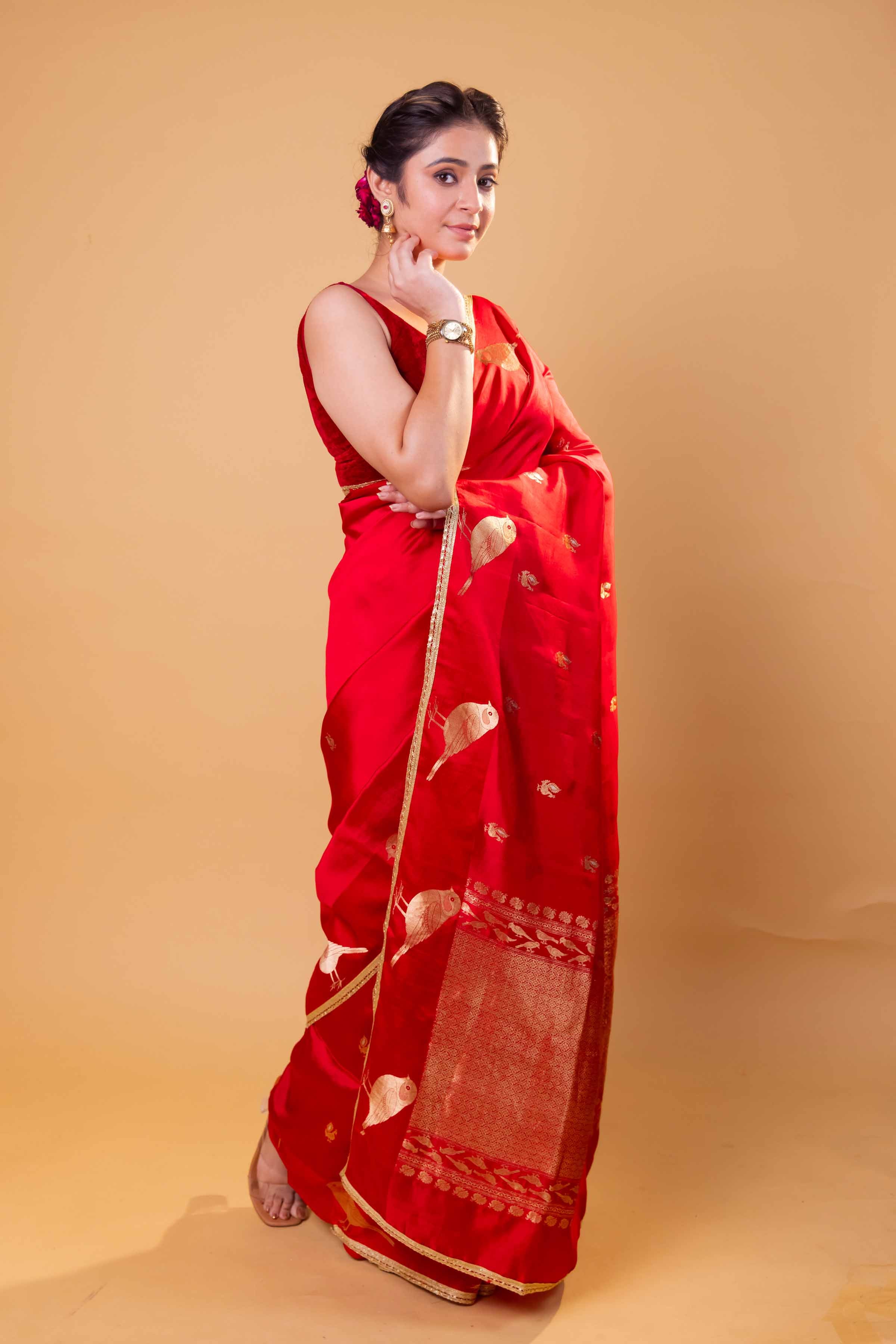 Red Nita Ambani Embellished Puna Silk Saree