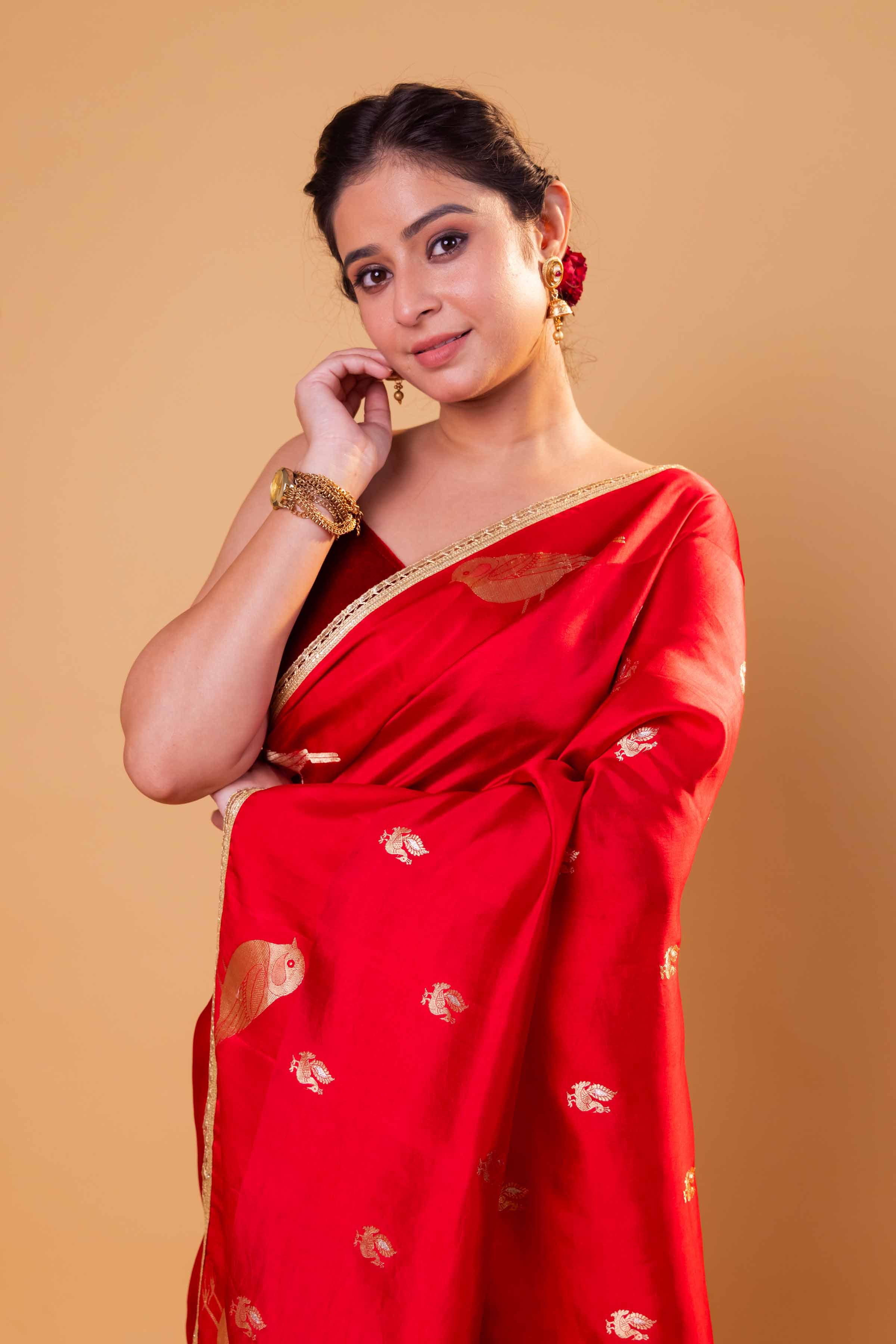 Red Nita Ambani Embellished Puna Silk Saree